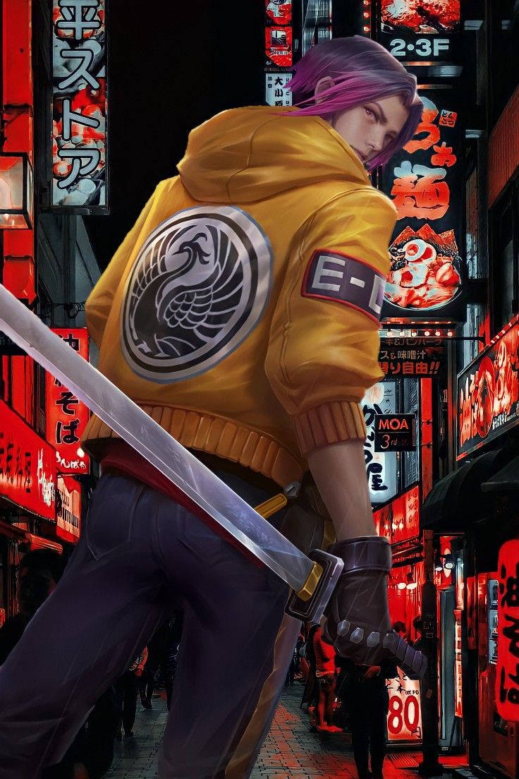 Ling Ml, purple-haired anime warrior, yellow hoodie, SD Phone Wallpaper