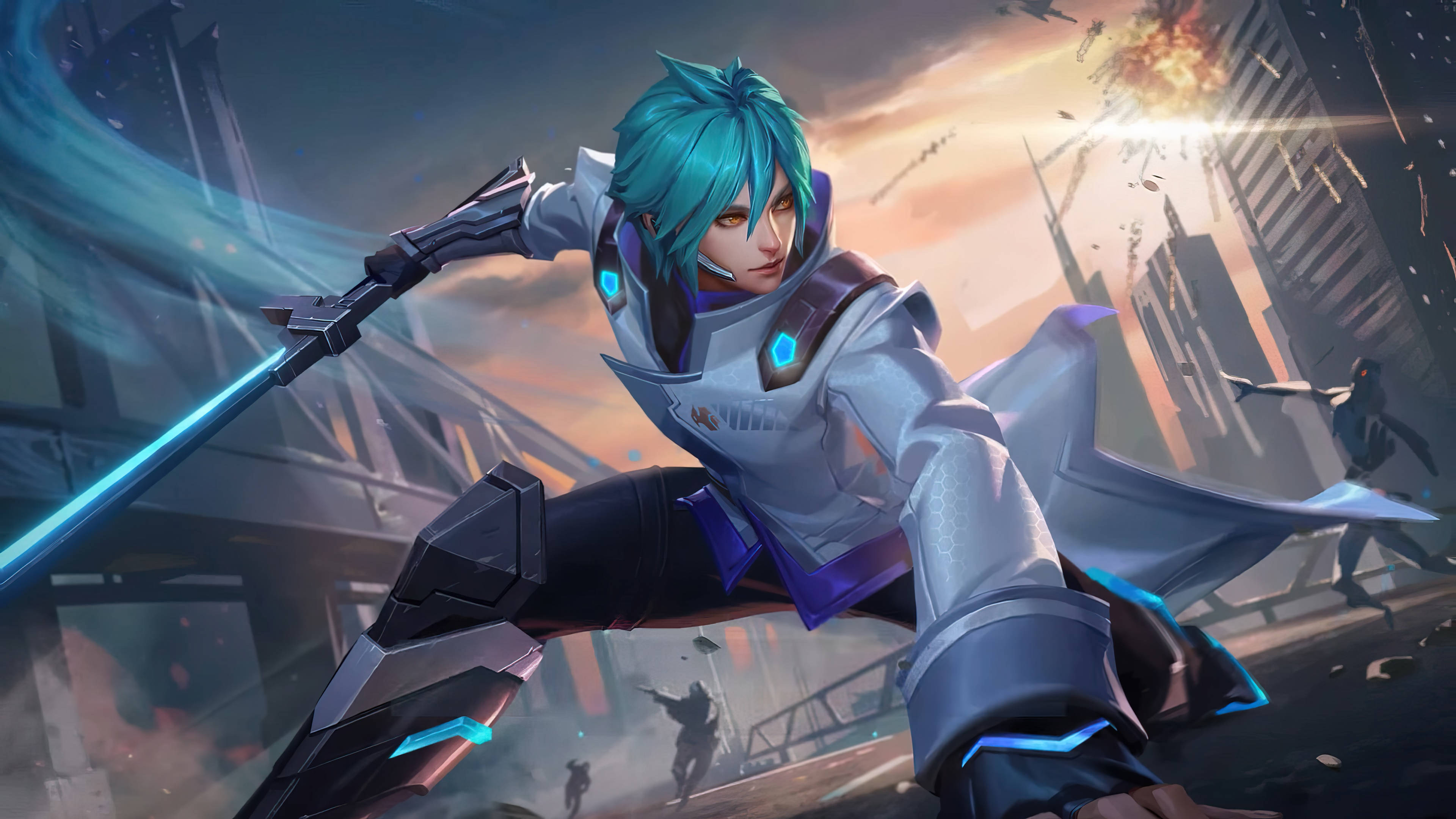 Ling Ml, futuristic cosmo guard skin, teal-haired anime warrior, 4K Desktop Wallpaper