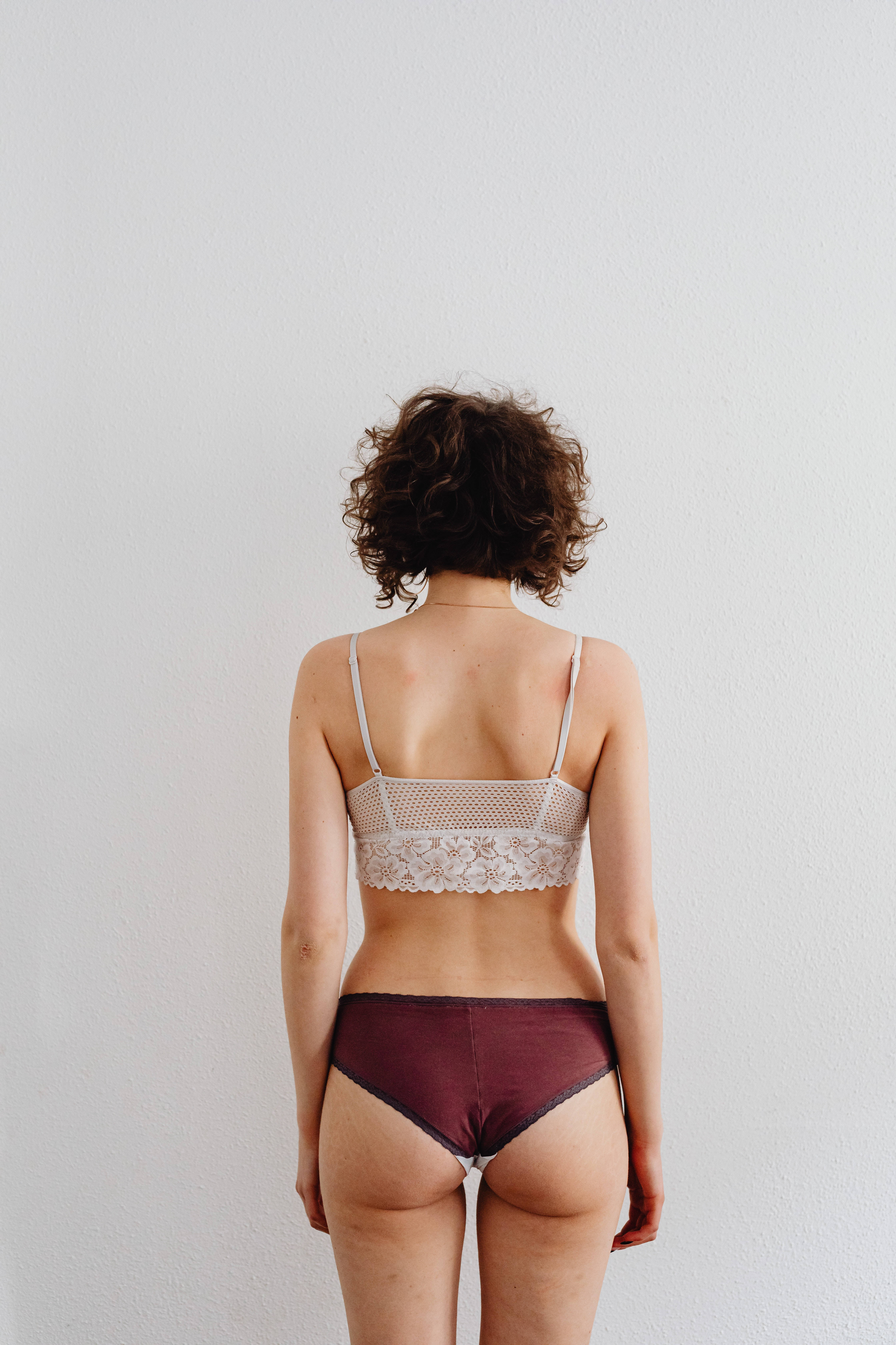 white lace bralette, burgundy underwear, curly brown hair, 5K Phone Wallpaper