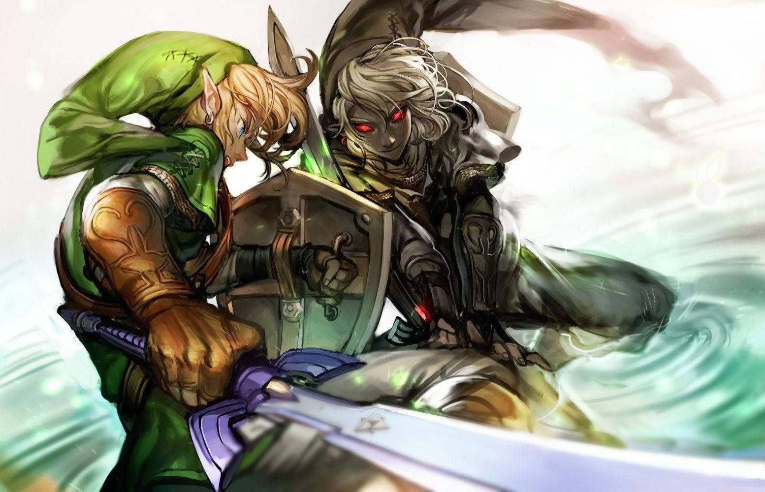 Link, green-clad elf warrior, masked red-eyed foe, HD Desktop Wallpaper