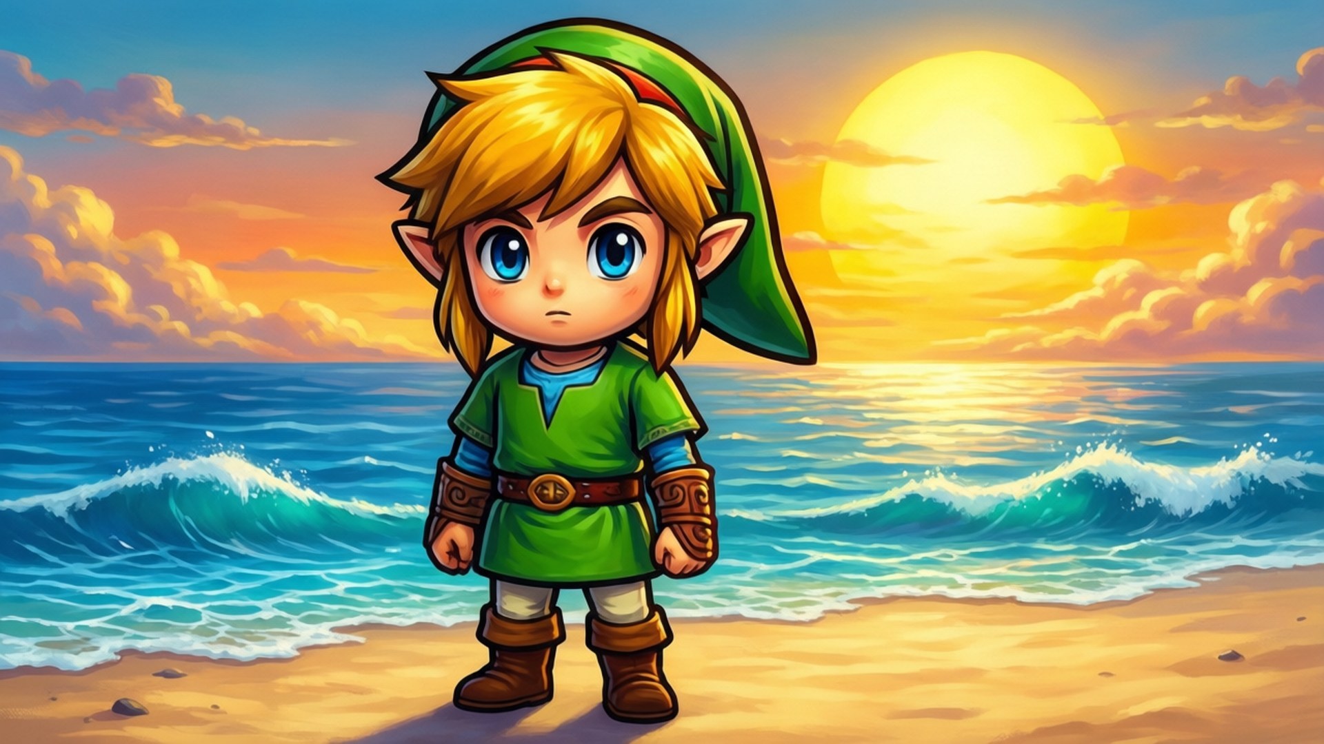 Link, chibi-style, sandy beach, Full HD Desktop Wallpaper