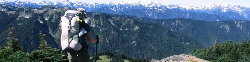 hiker, mountain ridge, forested valley, SD Desktop Wallpaper