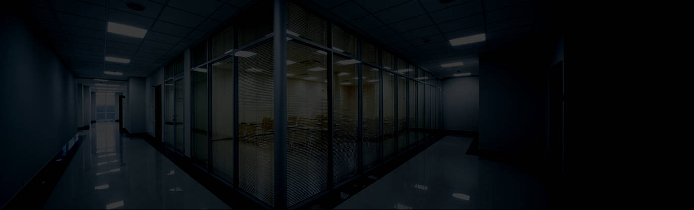 dark office, fluorescent lights, glass-walled meeting rooms, HD Desktop Wallpaper