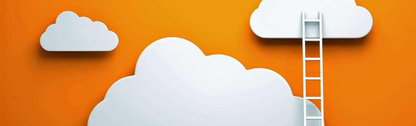 white paper-cut clouds, ladder reaching upward, vibrant orange background, HD Desktop Wallpaper
