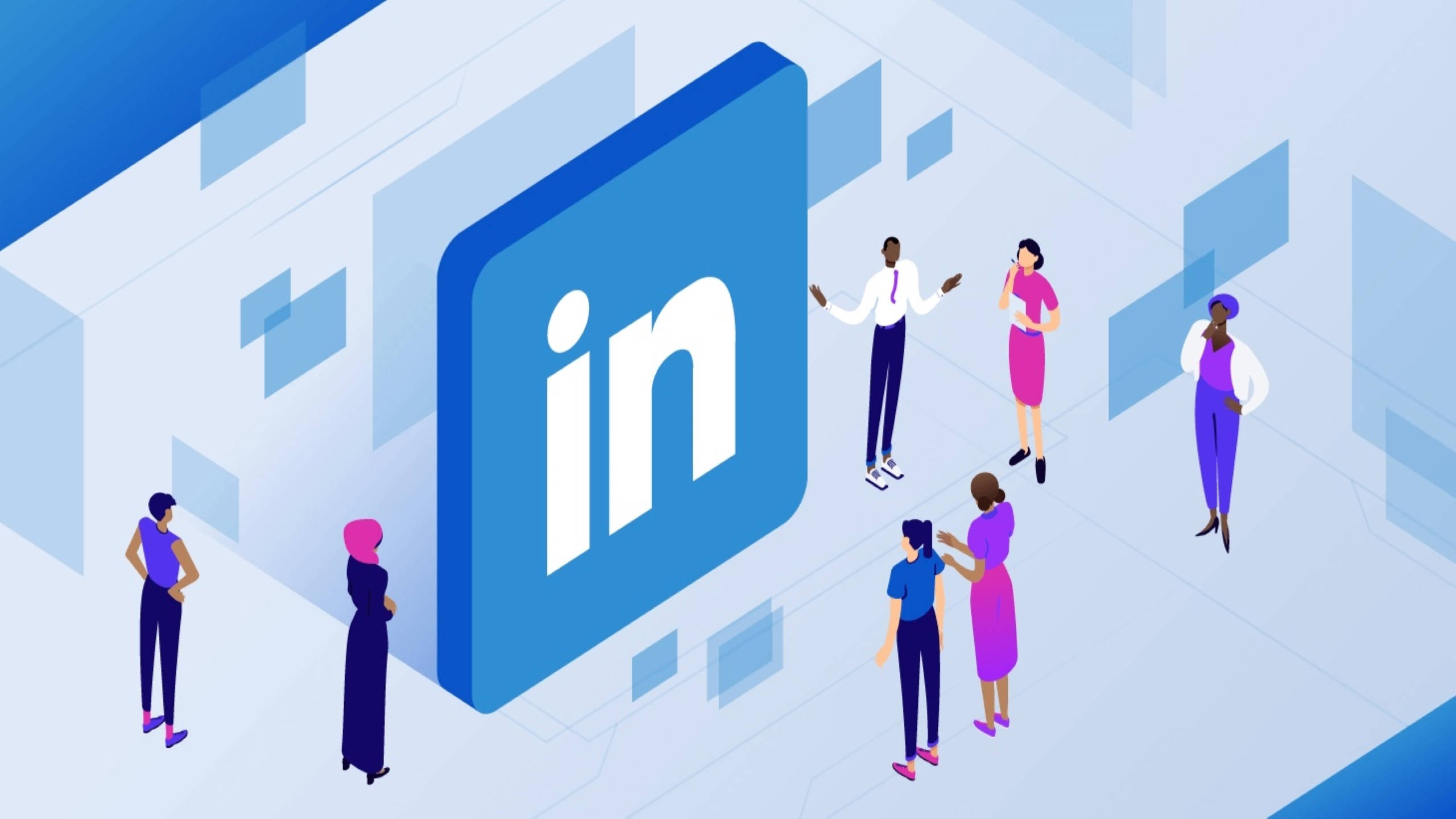 LinkedIn, isometric illustration, diverse professionals, 2K Desktop Wallpaper