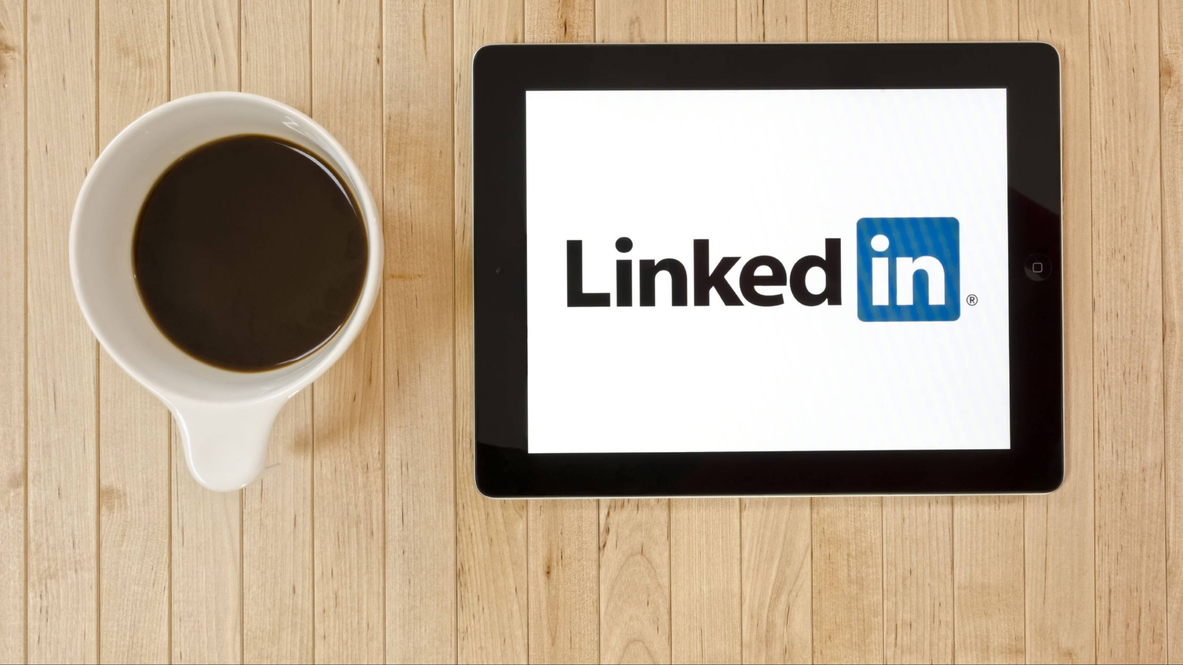 LinkedIn logo, white mug, black coffee, 4K Desktop Wallpaper