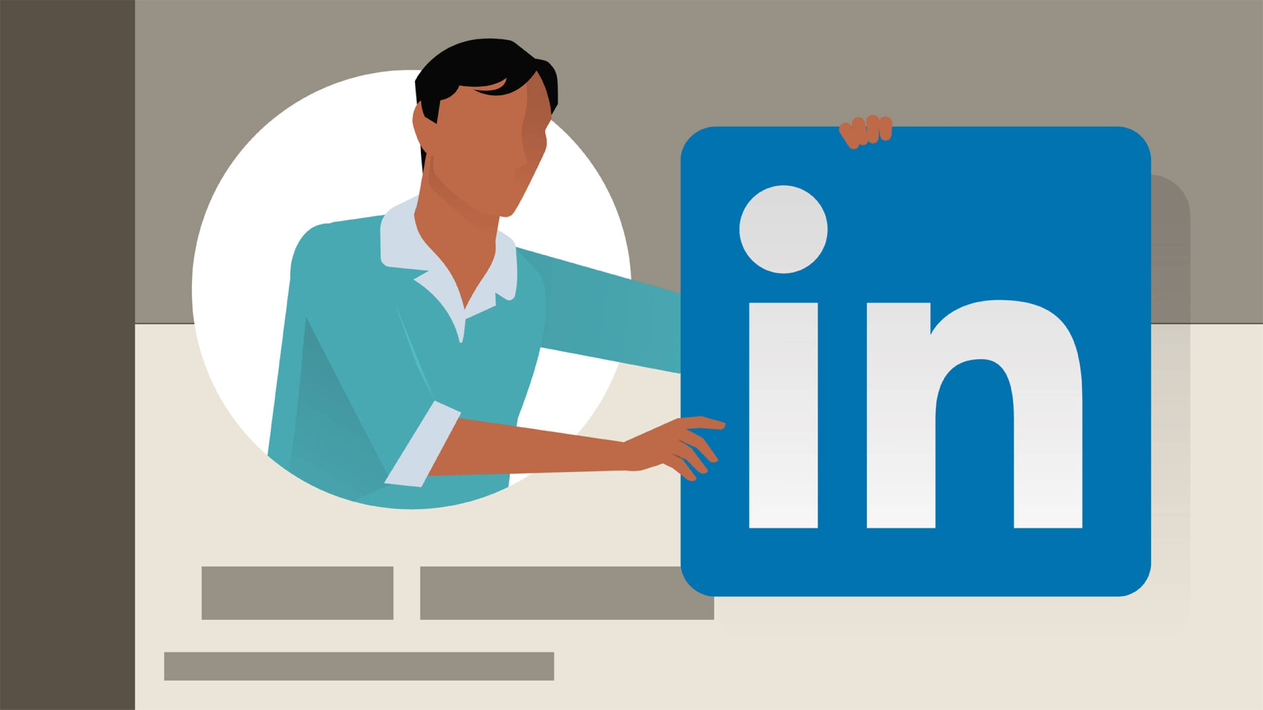 LinkedIn, teal shirt, blue LinkedIn logo, 2K Desktop Wallpaper