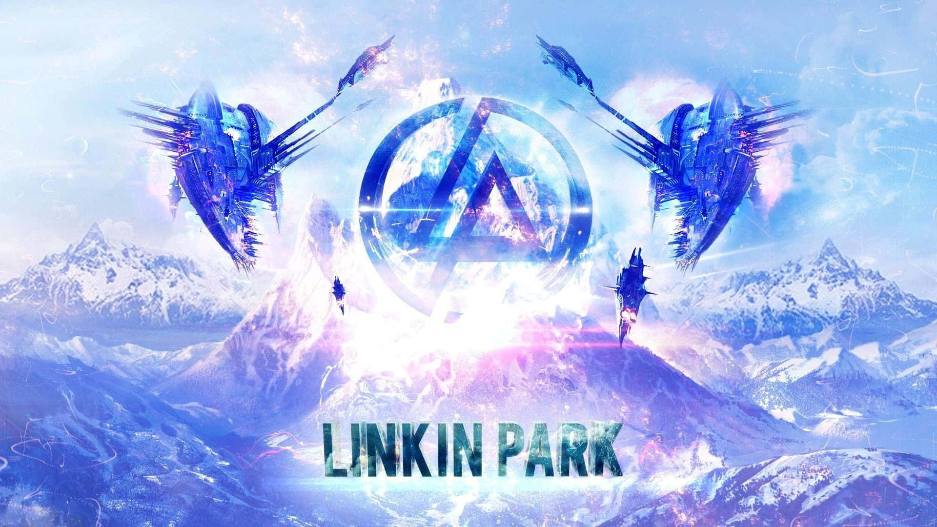Linkin Park logo, glowing blue spacecraft, futuristic mountain landscape, Full HD Desktop Wallpaper