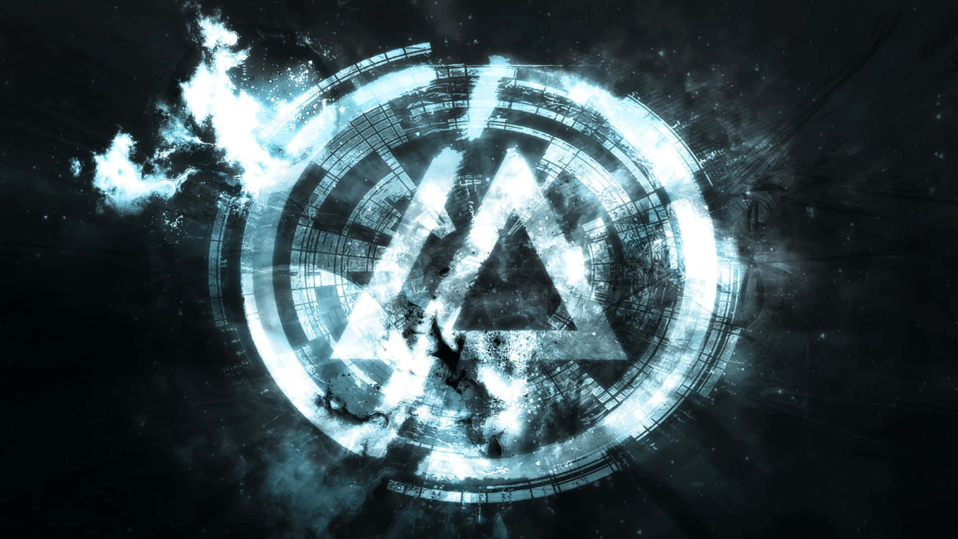 Linkin Park, glowing blue triangular symbol, circular digital interface, Full HD Desktop Wallpaper