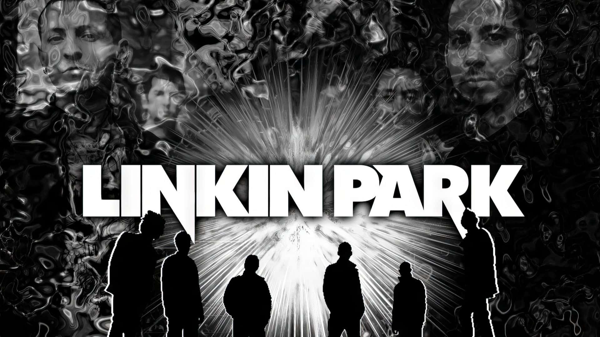 Linkin Park, silhouettes of five band members, radiant burst, Full HD Desktop Wallpaper