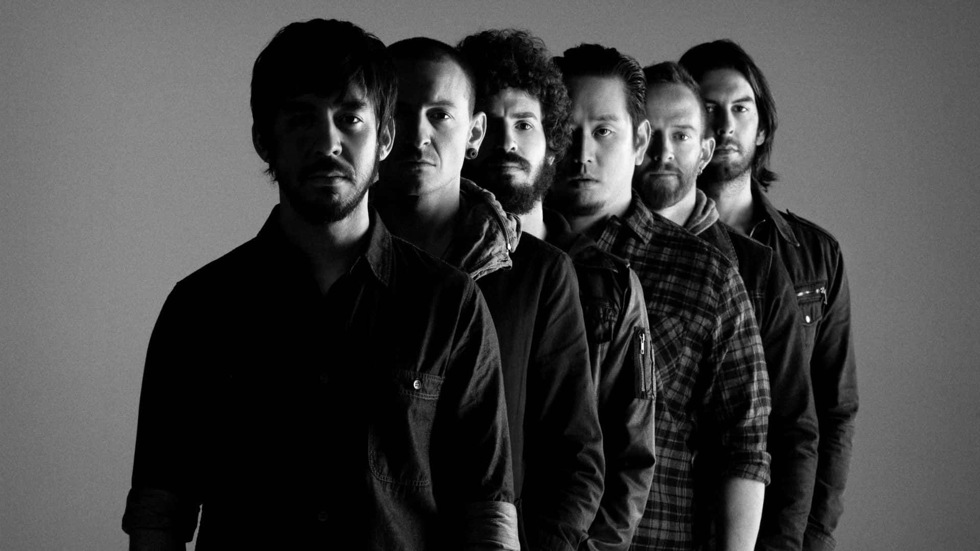 Linkin Park, black and white portrait, dark clothing, Full HD Desktop Wallpaper