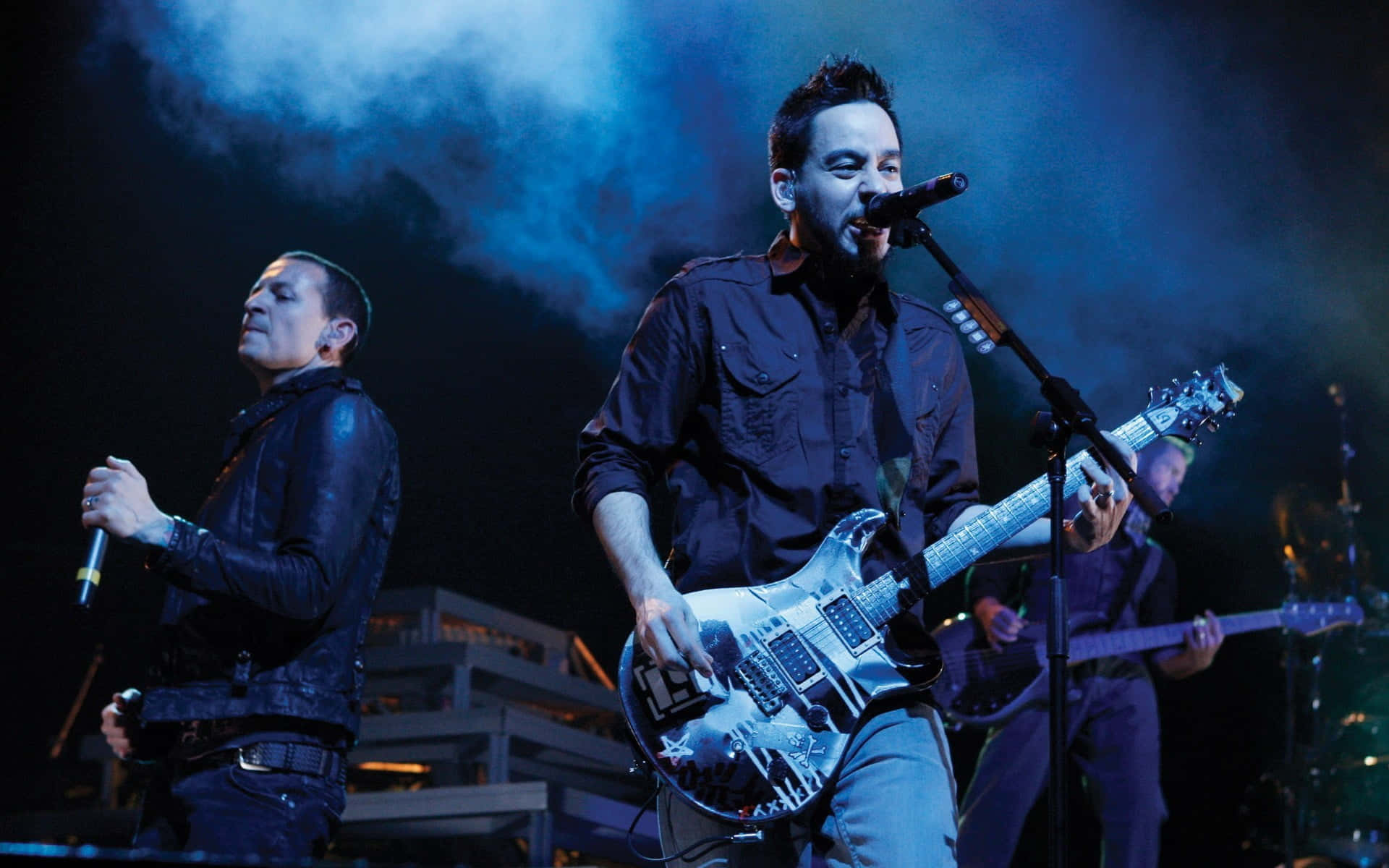 Linkin Park, smoky stage, blue lights, Full HD Desktop Wallpaper