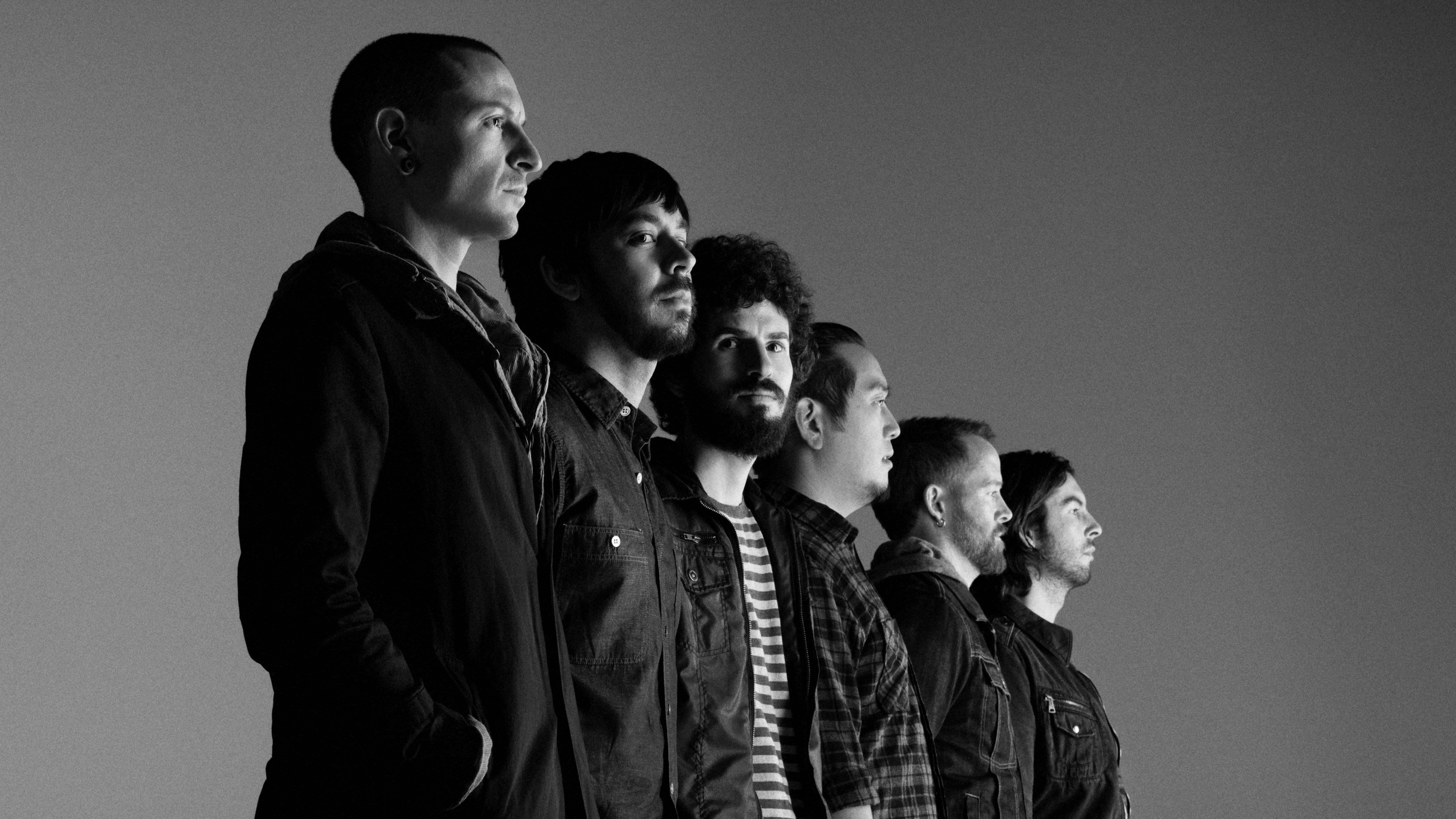 Linkin Park, black and white portrait, plain gray background, 8K Desktop Wallpaper