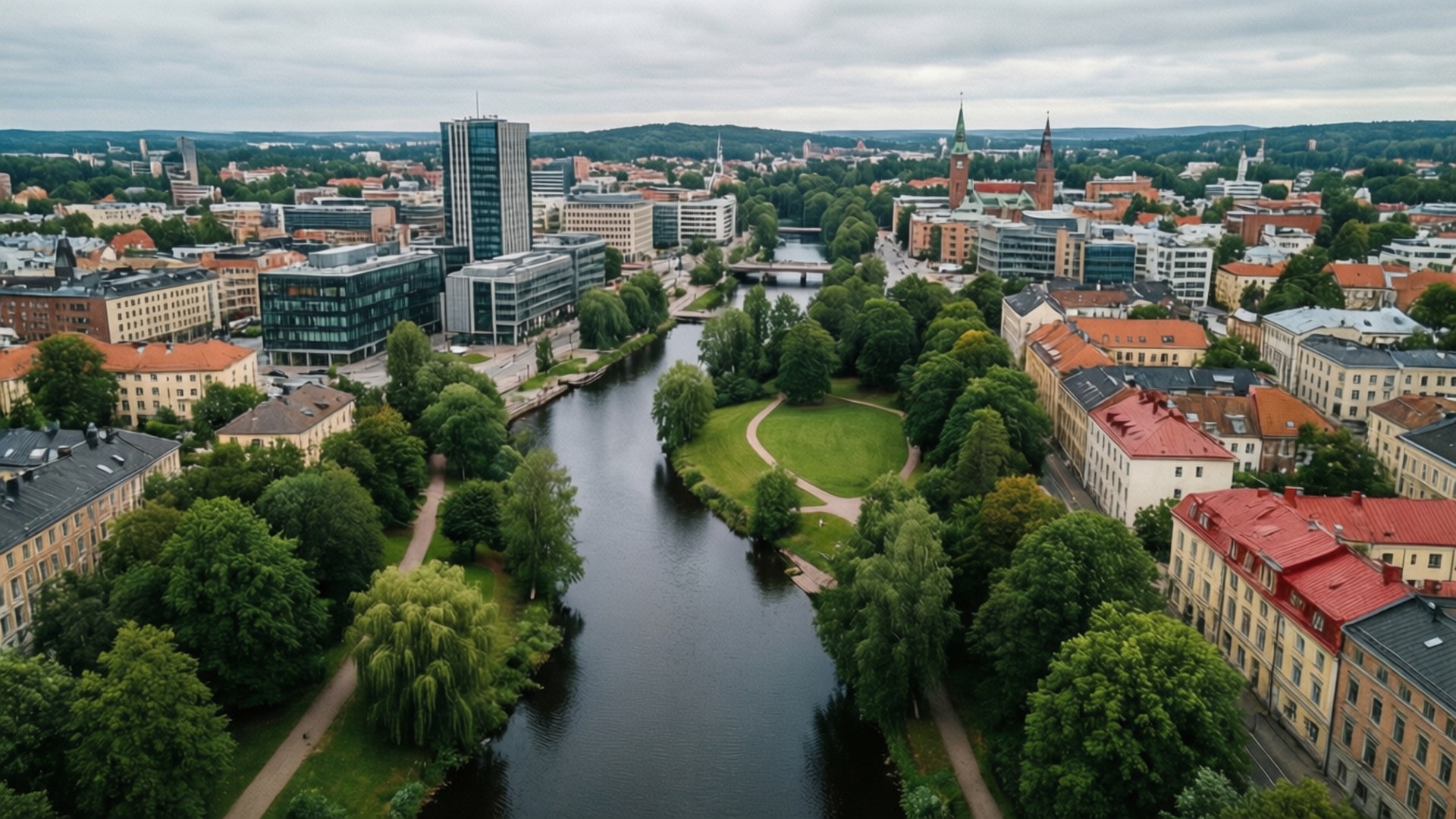 Linköping, river, rooftops, Full HD Desktop Wallpaper