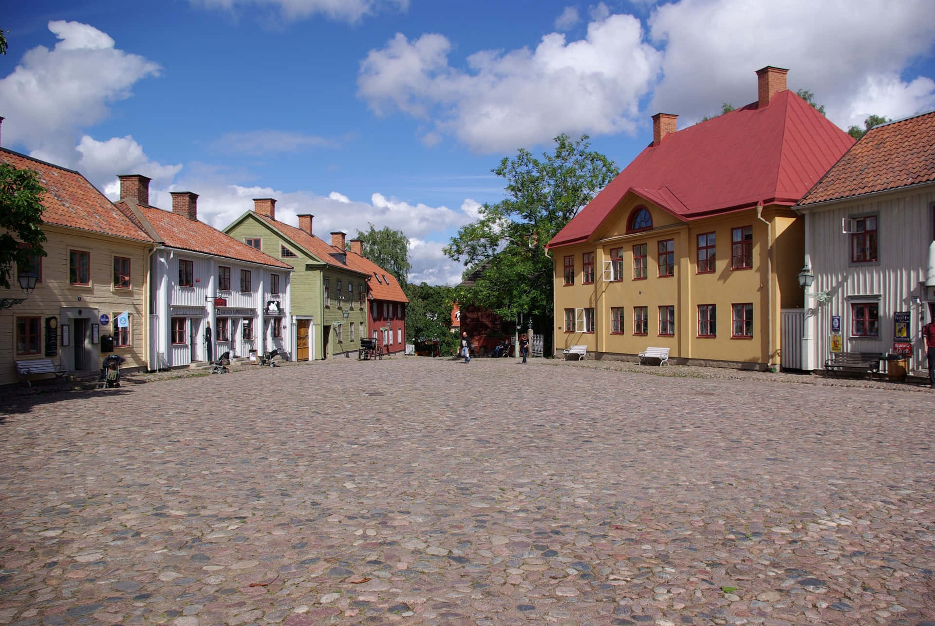 Linköping, historic cobblestone square, colorful historic buildings, Full HD Desktop Wallpaper