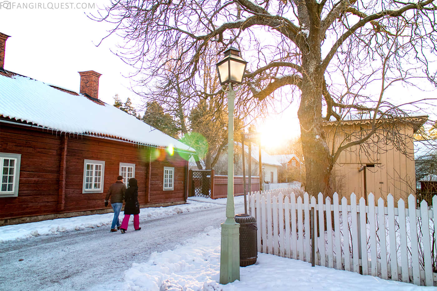 Linköping, winter sunset, snow-dusted village street, HD Desktop Wallpaper