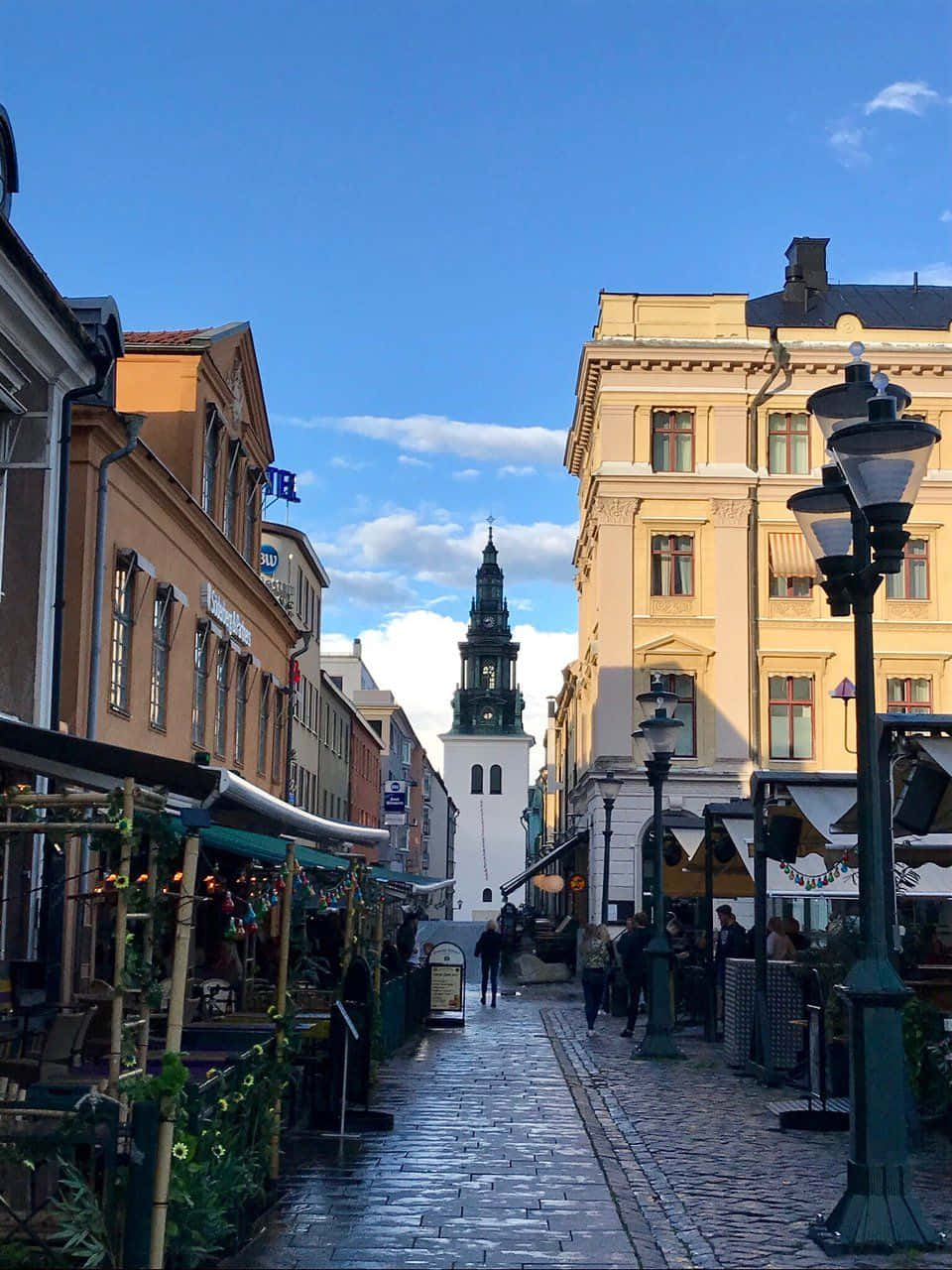 Linköping, cobblestone street, colorful historic buildings, HD Phone Wallpaper