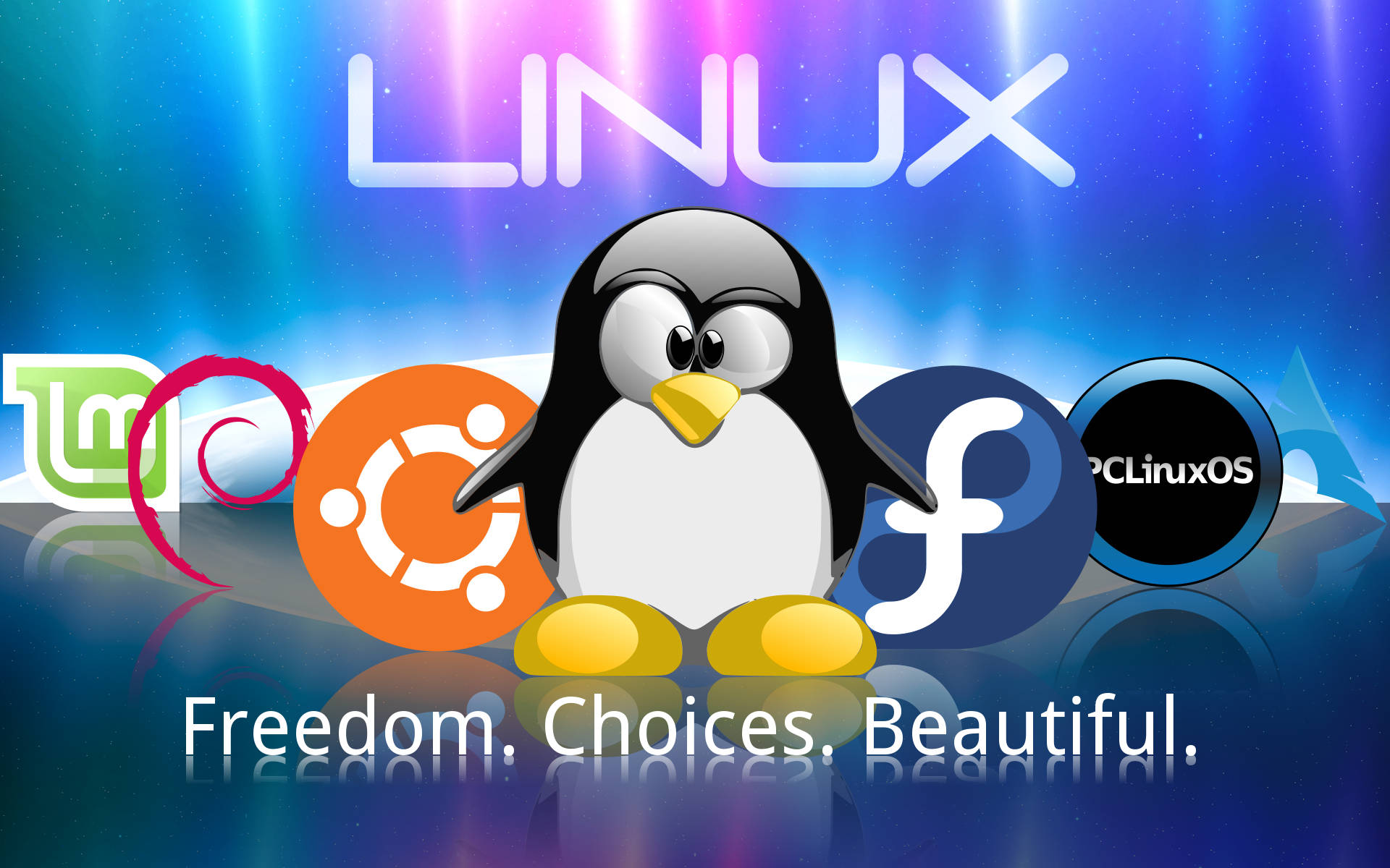 Linux OS, Linux distribution logos, cartoon penguin, Full HD Desktop Wallpaper
