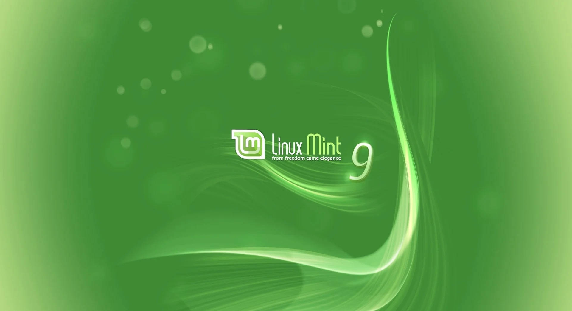 Linux Mint 9, green logo, flowing light swirls, Full HD Desktop Wallpaper