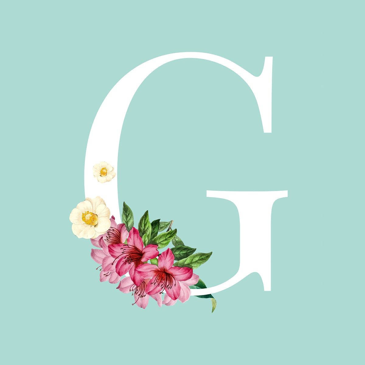 letter G, pink and white flowers, green leaves, SD Desktop Wallpaper