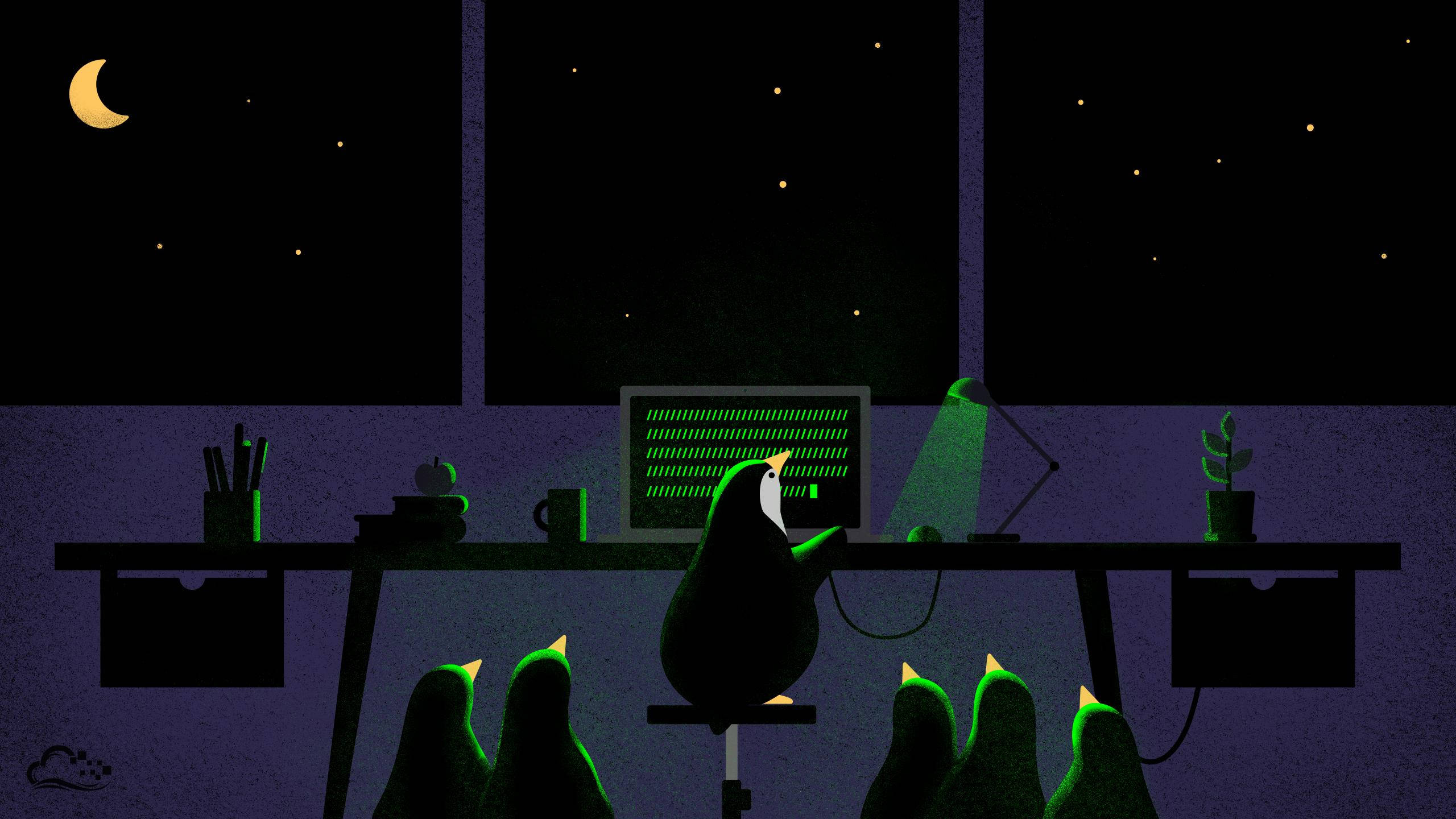 Linux, penguin, glowing green screen, 2K Desktop Wallpaper