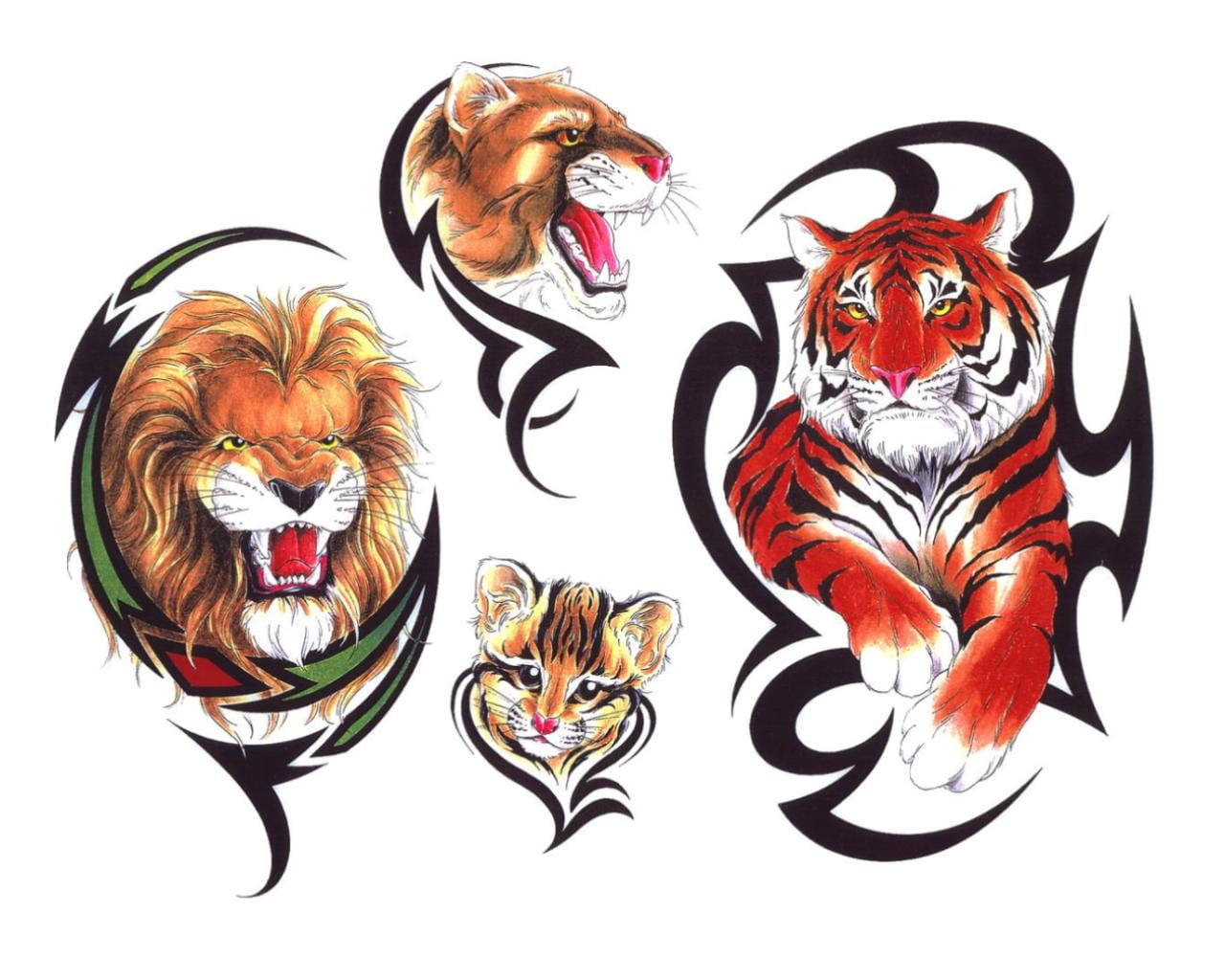 Lion, Tiger, tribal tattoo style, HD Desktop Wallpaper