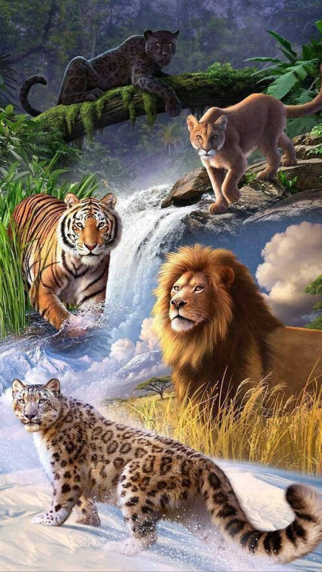 lion, tiger, snow leopard, Full HD Phone Wallpaper