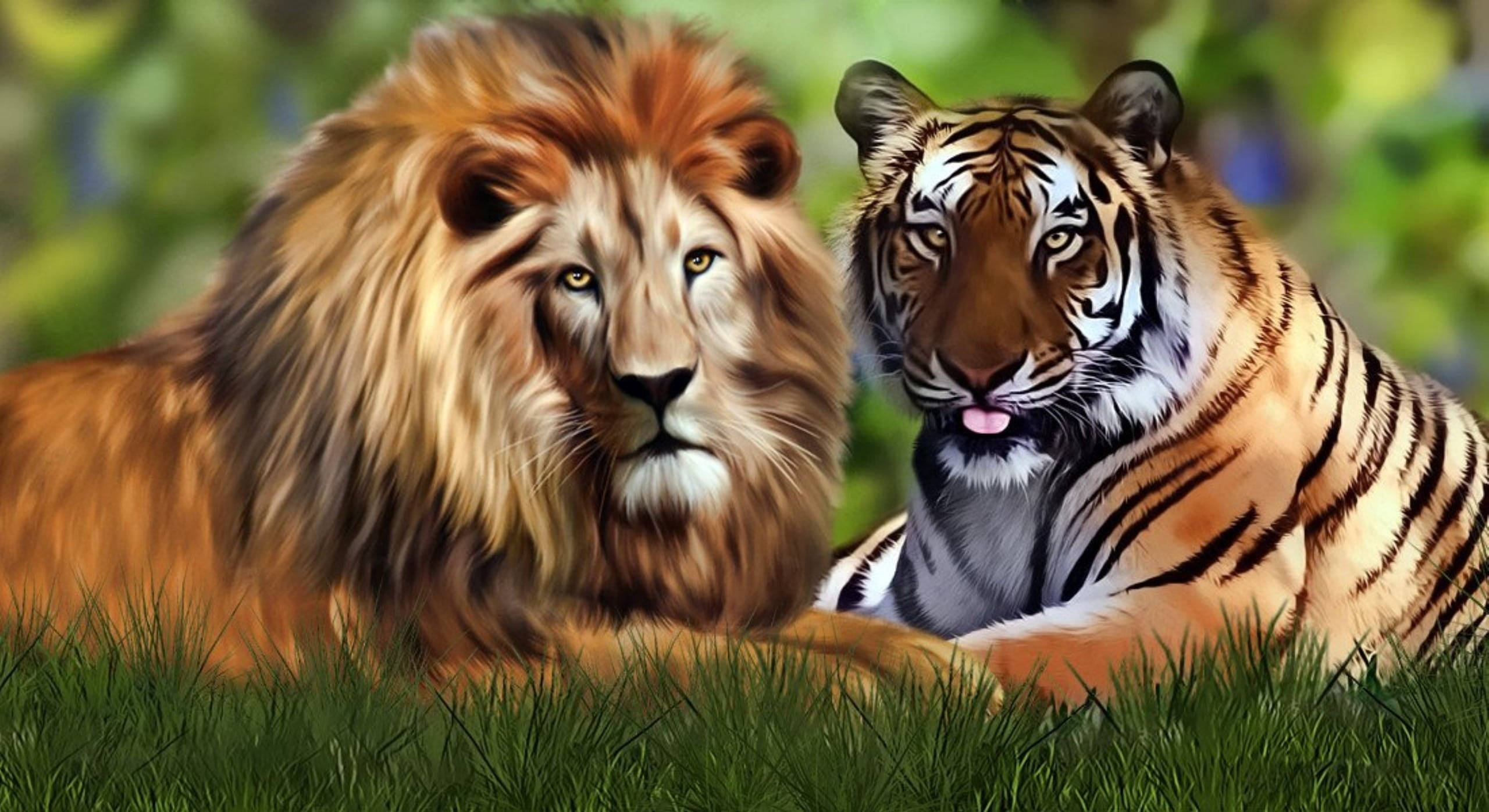 lion, tiger, lush green grass, 2K Desktop Wallpaper