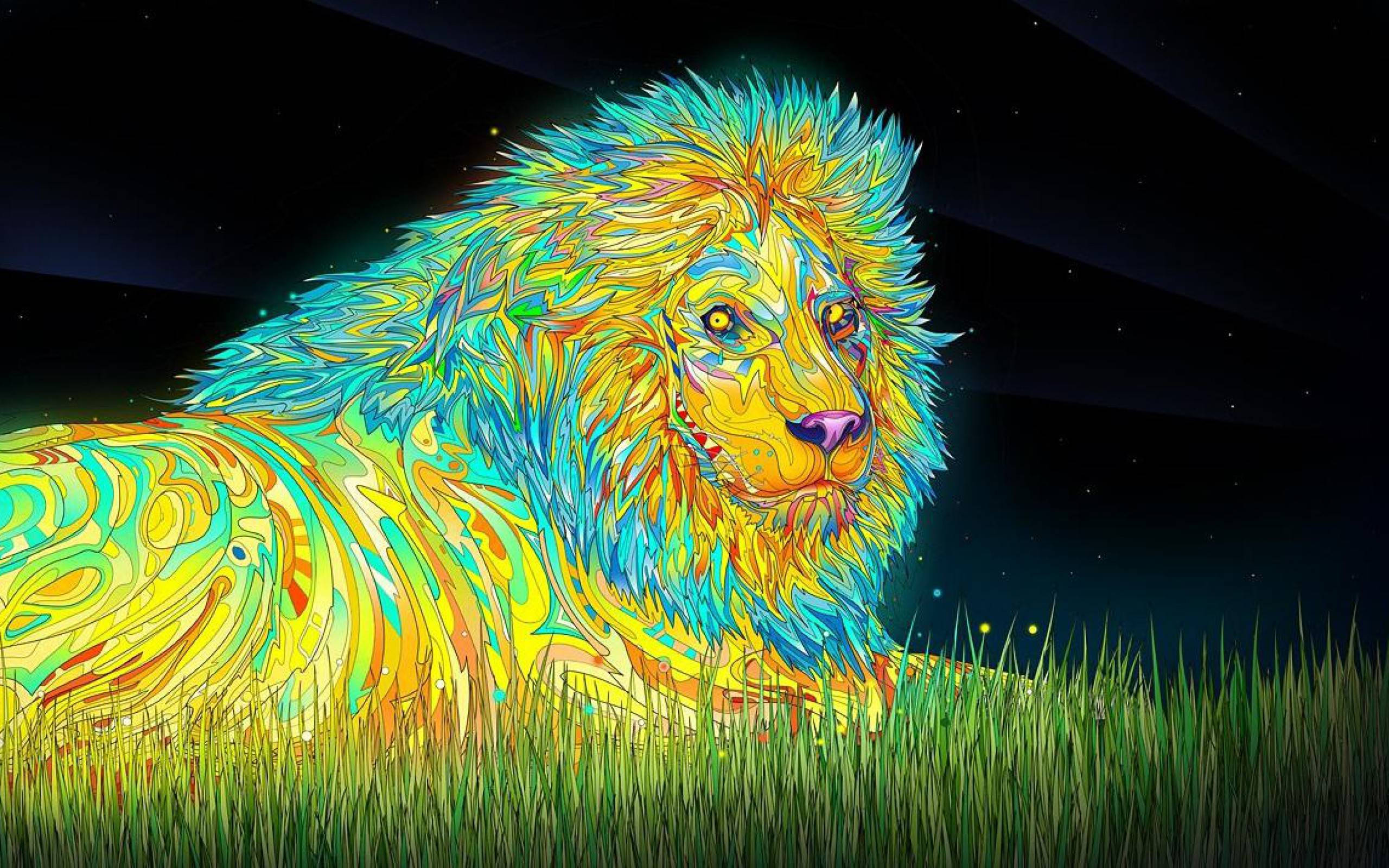 trippy glowing lion, neon patterns, starry night sky, 2K Desktop Wallpaper