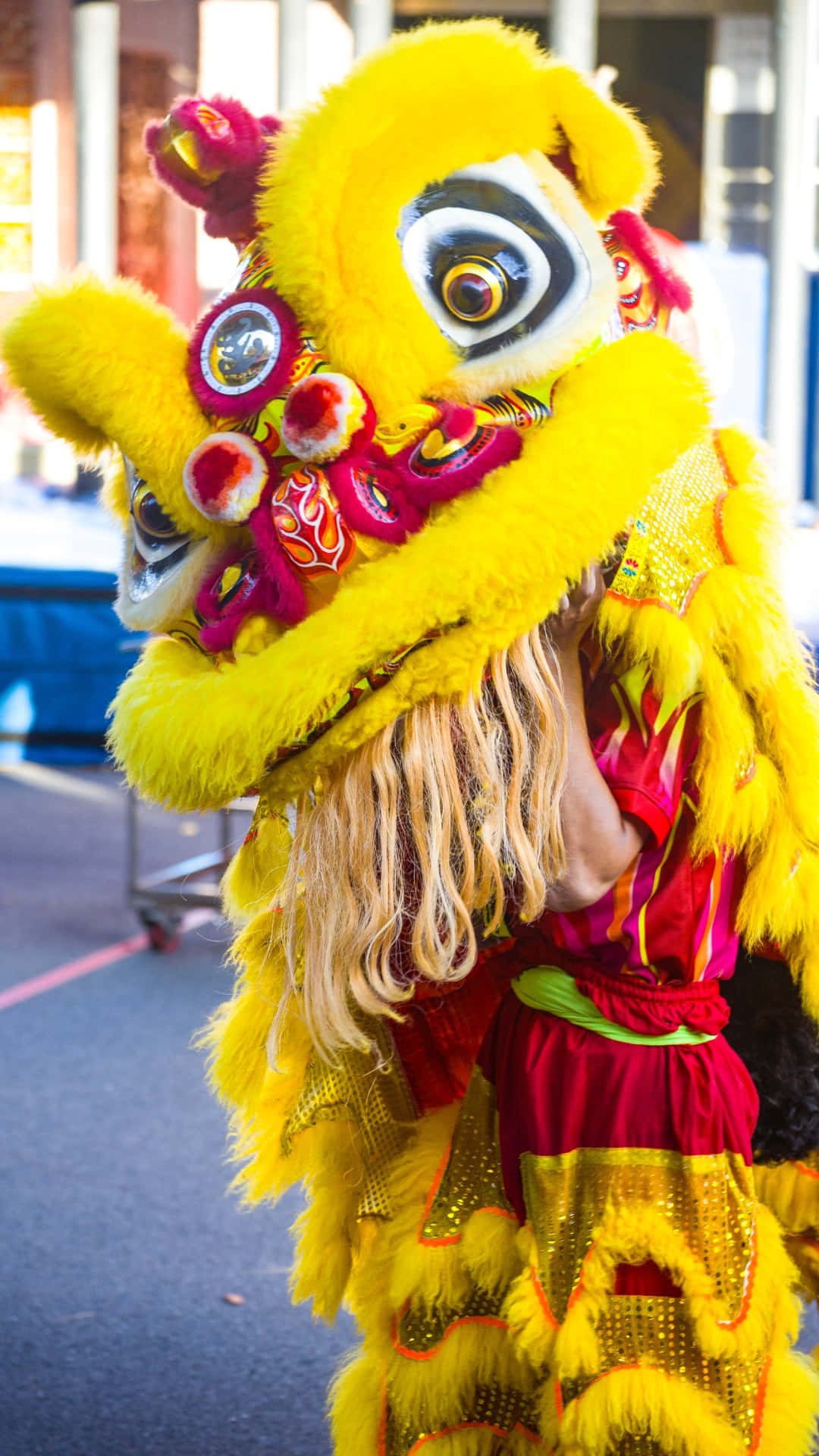 vibrant yellow lion dance, red accents, glittering details, Full HD Phone Wallpaper