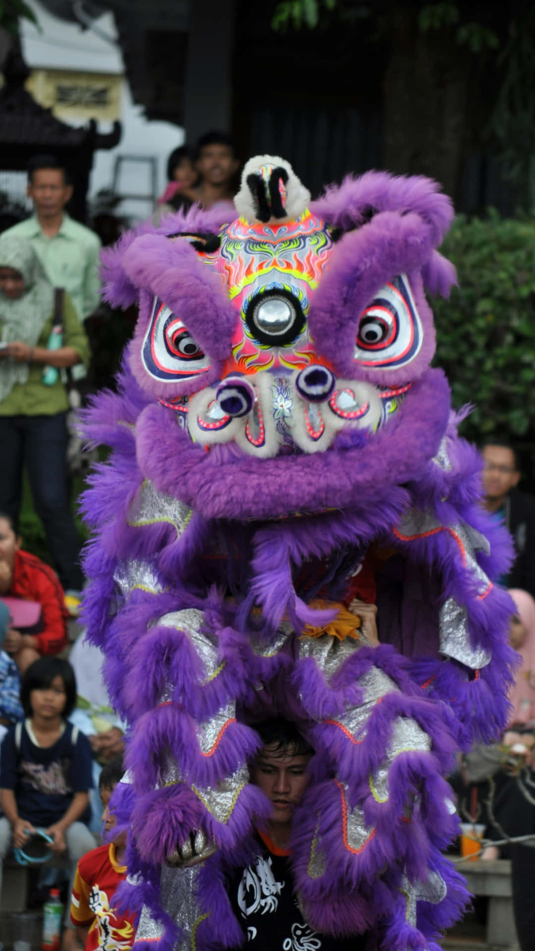 vibrant purple lion dance, glittering silver accents, colorful painted eyes, Full HD Phone Wallpaper