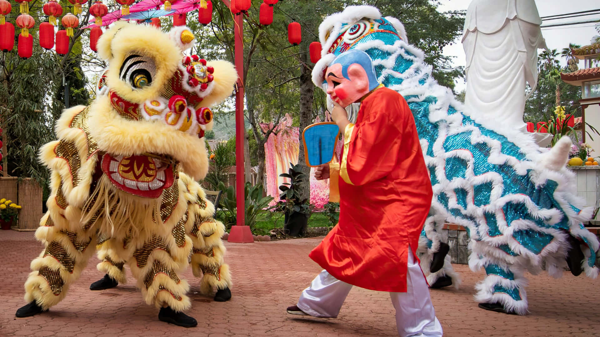 Lion Dance, golden costume, blue costume, Full HD Desktop Wallpaper