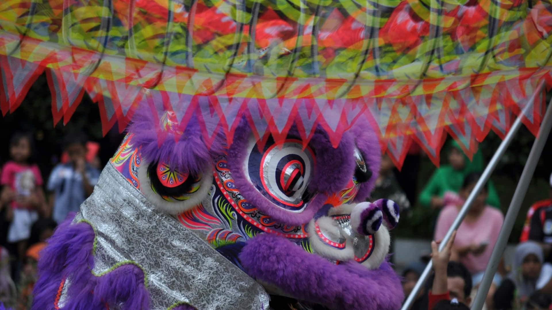 vibrant purple lion dance, glittering silver accents, intricate colorful patterns, Full HD Desktop Wallpaper