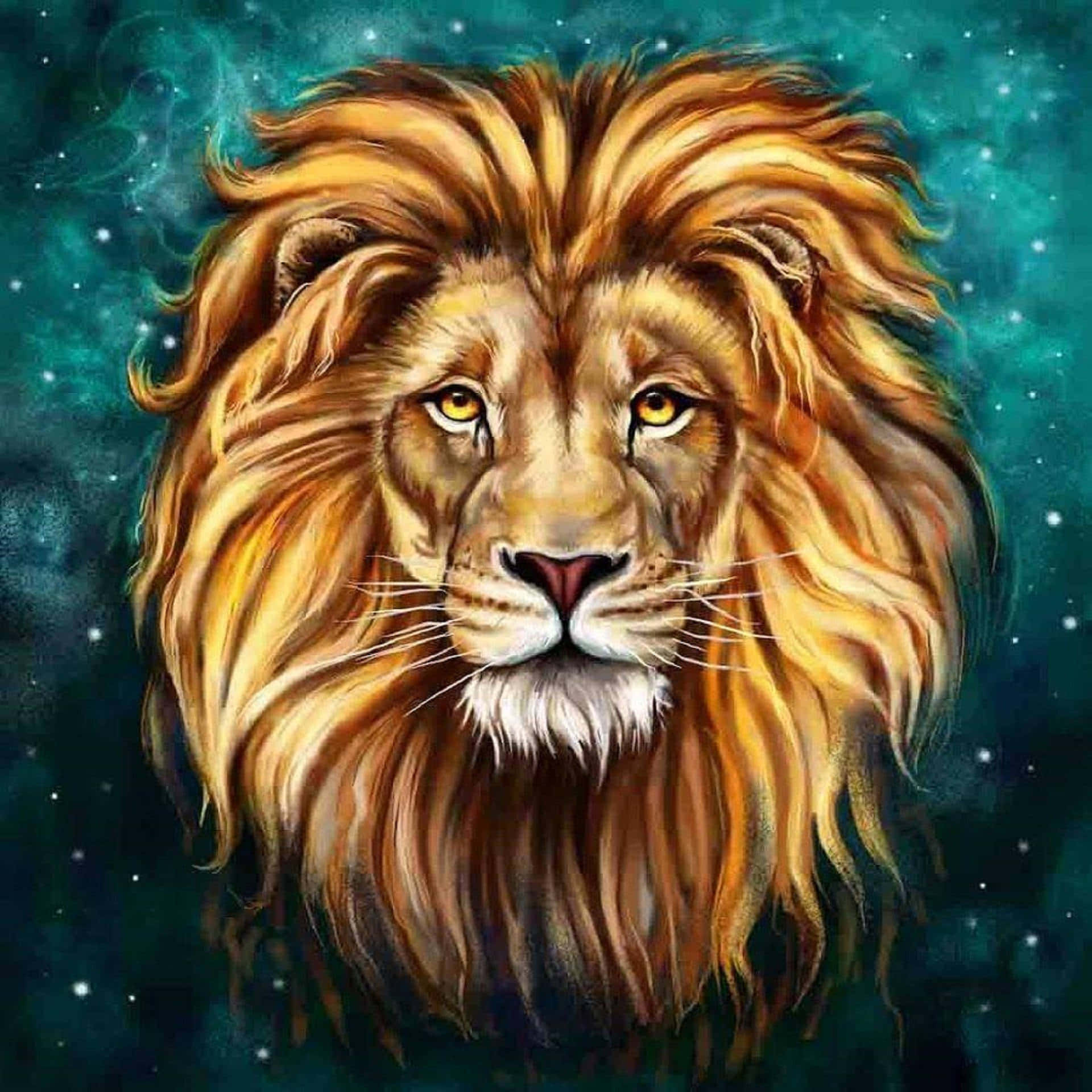 Lion Face, golden mane, starry teal cosmic backdrop, Full HD Desktop Wallpaper
