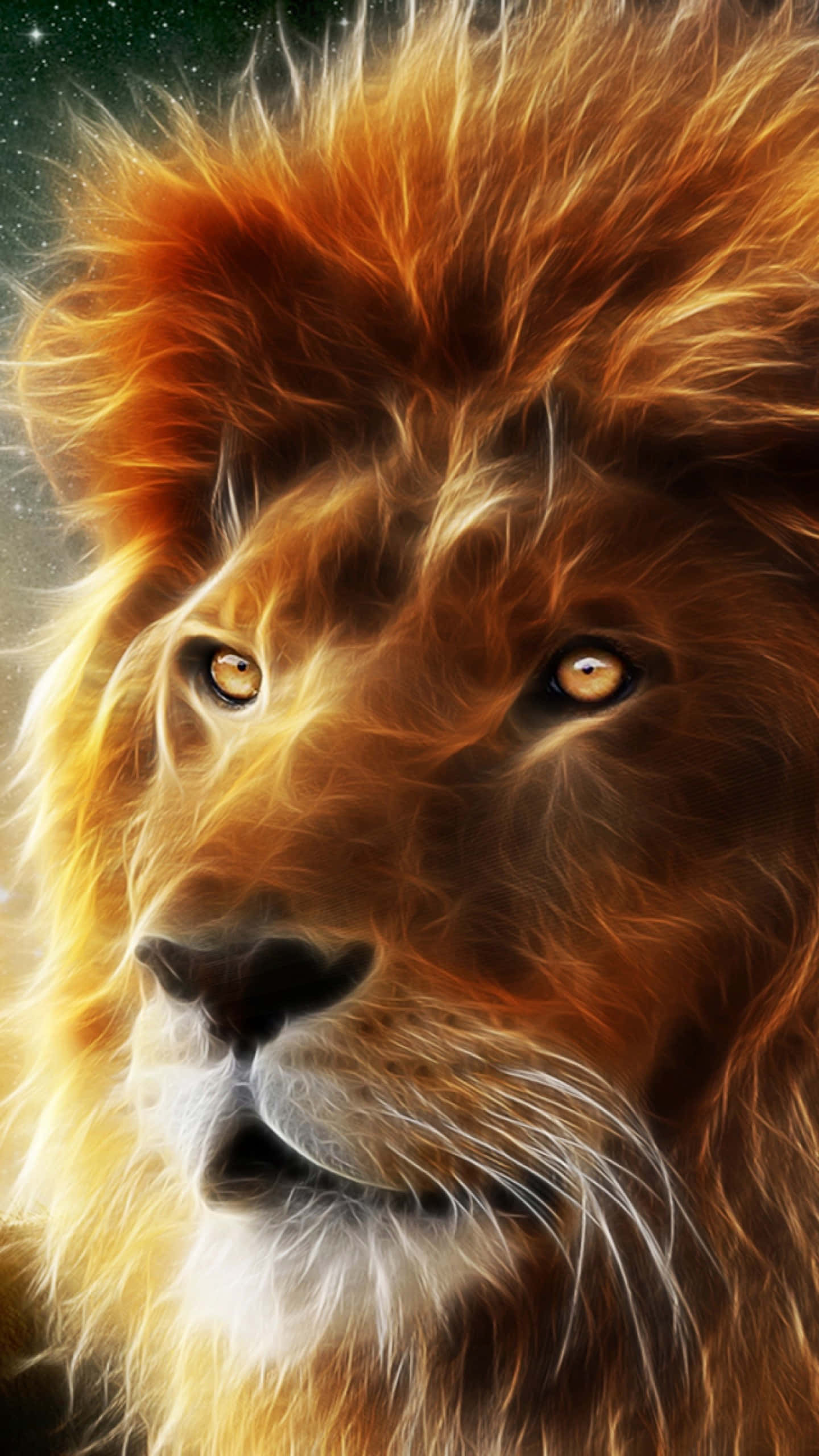 3D Lion Face Art, fiery orange mane, starry cosmic backdrop, 2K Phone Wallpaper
