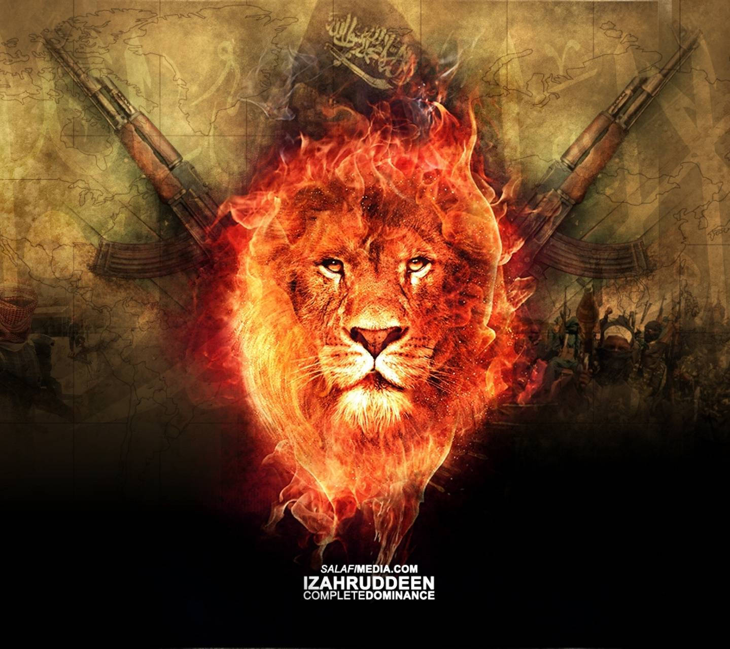 Fire Lion, glowing eyes, crossed rifles, HD Desktop Wallpaper