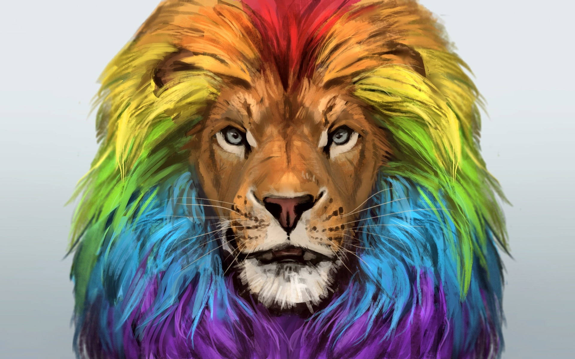 Rainbow Lion, vibrant rainbow mane, soft gray background, Full HD Desktop Wallpaper