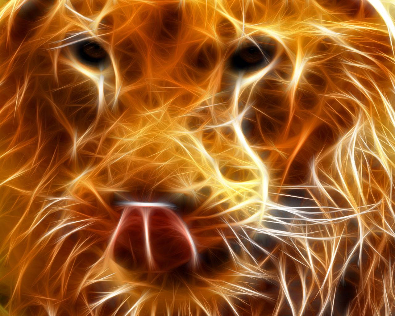 Fire Lion, glowing orange, yellow fractal lines, HD Desktop Wallpaper