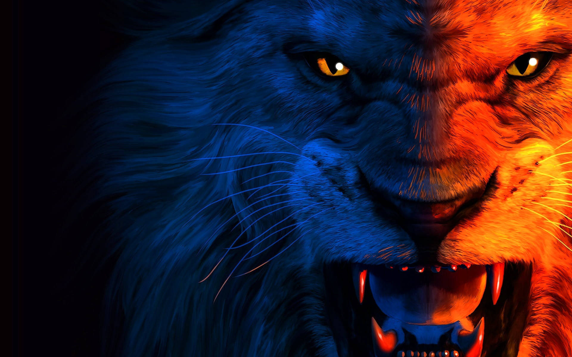 Growling Blue And Red Lion Laptop, icy blue, fiery orange, Full HD Desktop Wallpaper