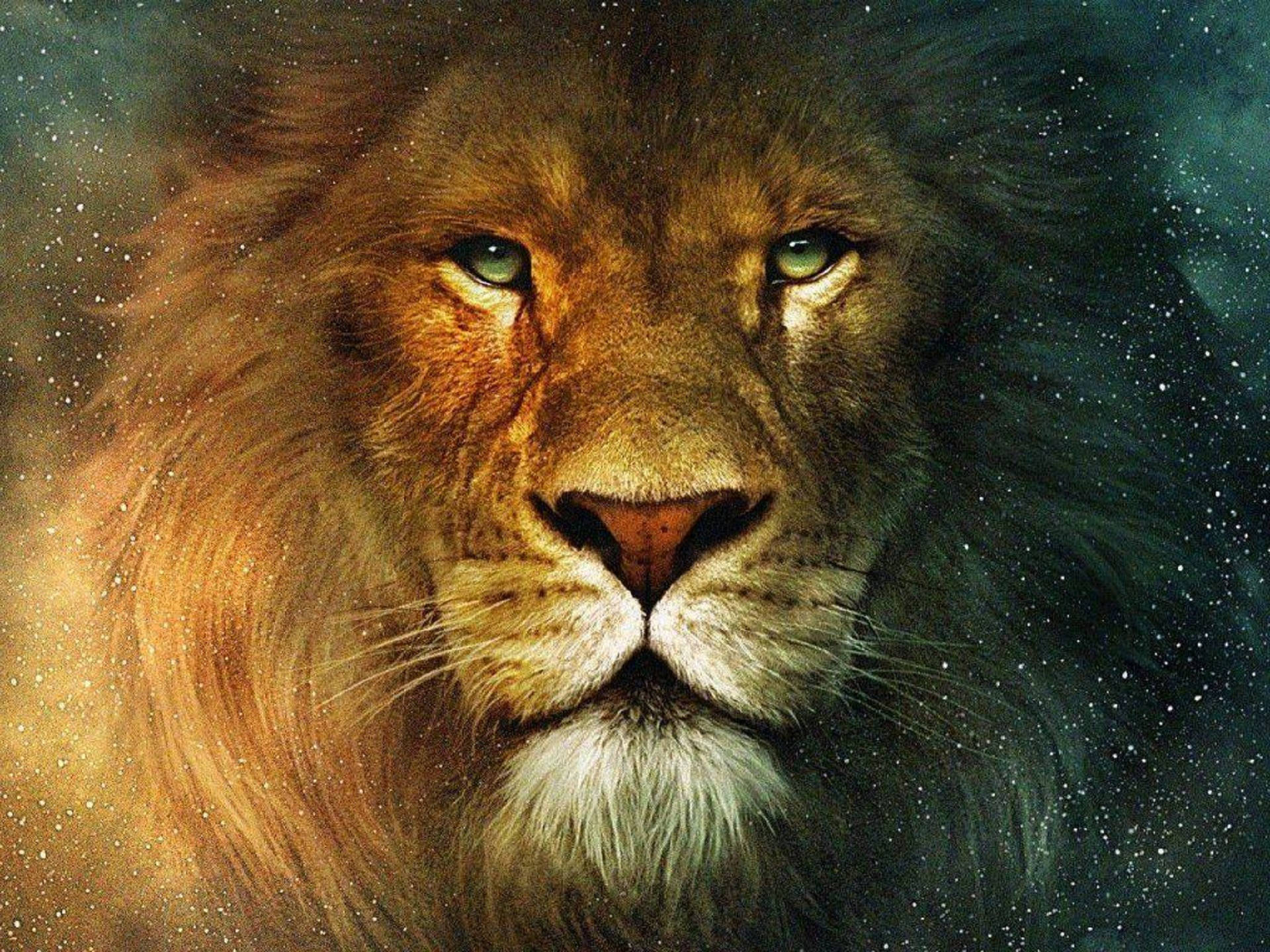 Lion Head, glowing green eyes, starry cosmic backdrop, Full HD Desktop Wallpaper