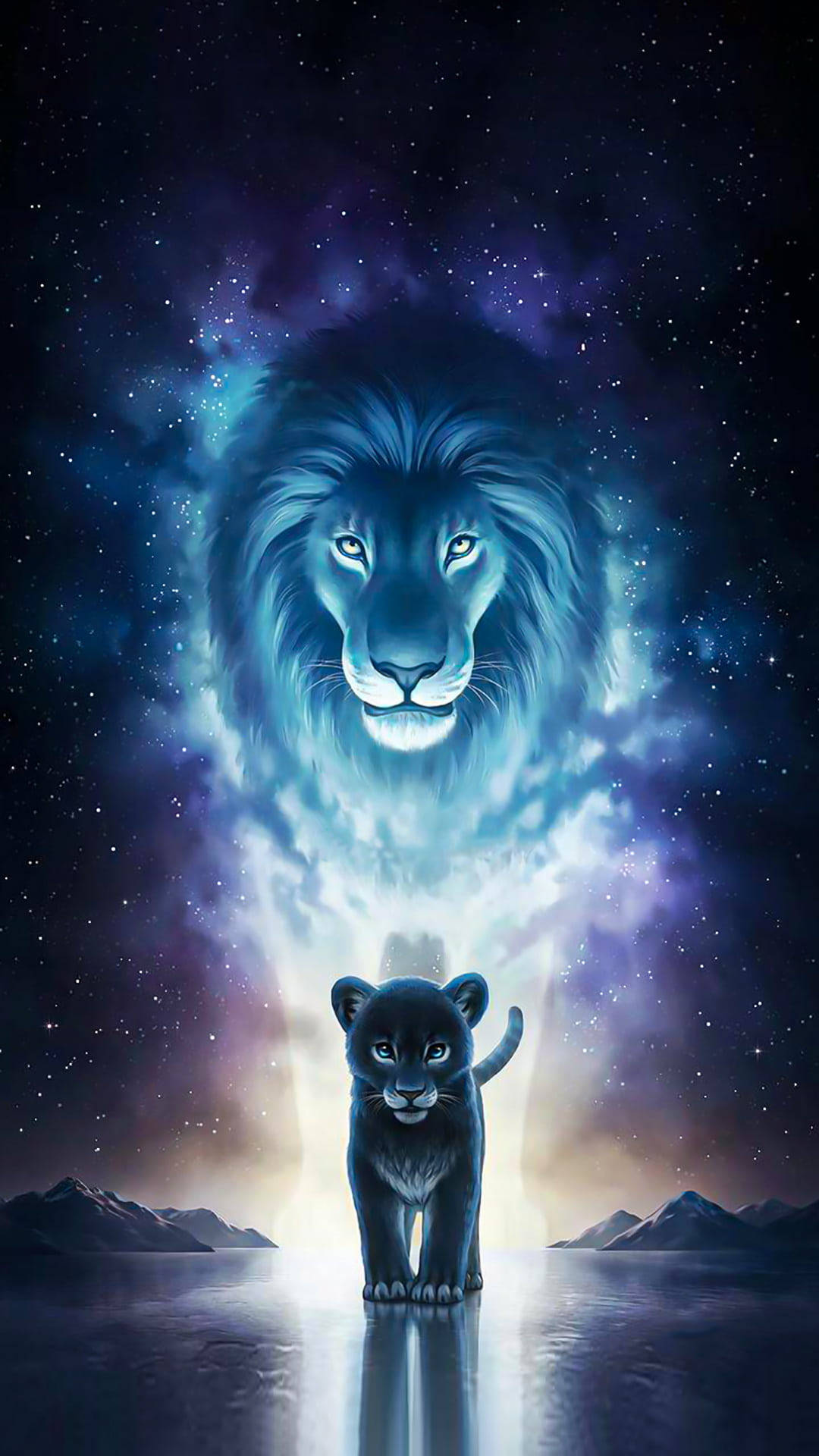Galaxy Lion Phone, glowing blue lion spirit, cosmic nebula, Full HD Phone Wallpaper