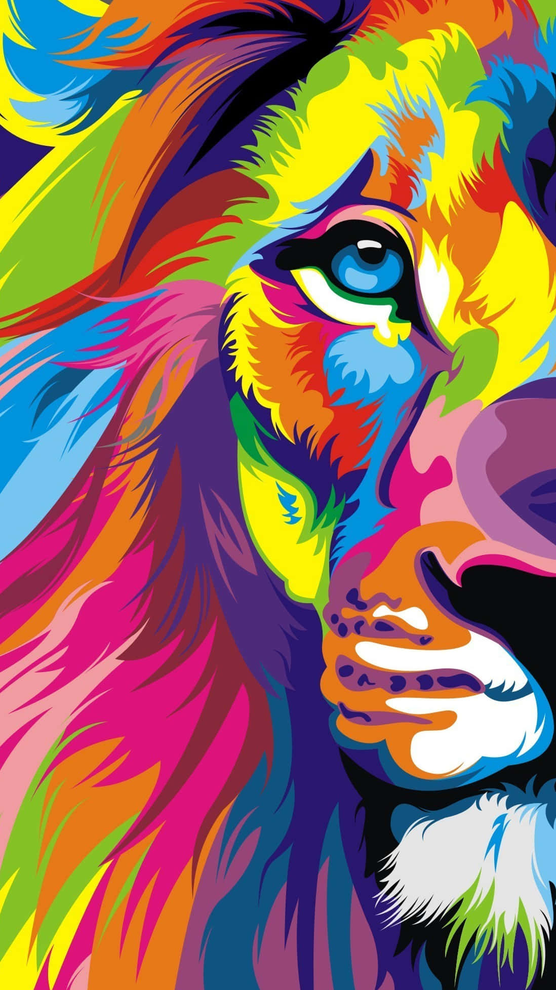 lion head, rainbow-colored fur, piercing blue eye, Full HD Phone Wallpaper