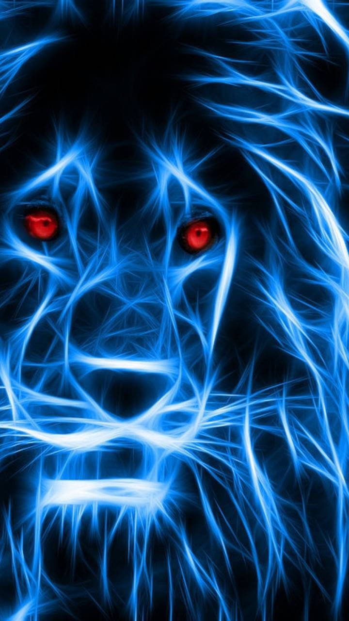 Neon Lights Lion Phone, glowing blue fractal lion, intense red eyes, HD Phone Wallpaper