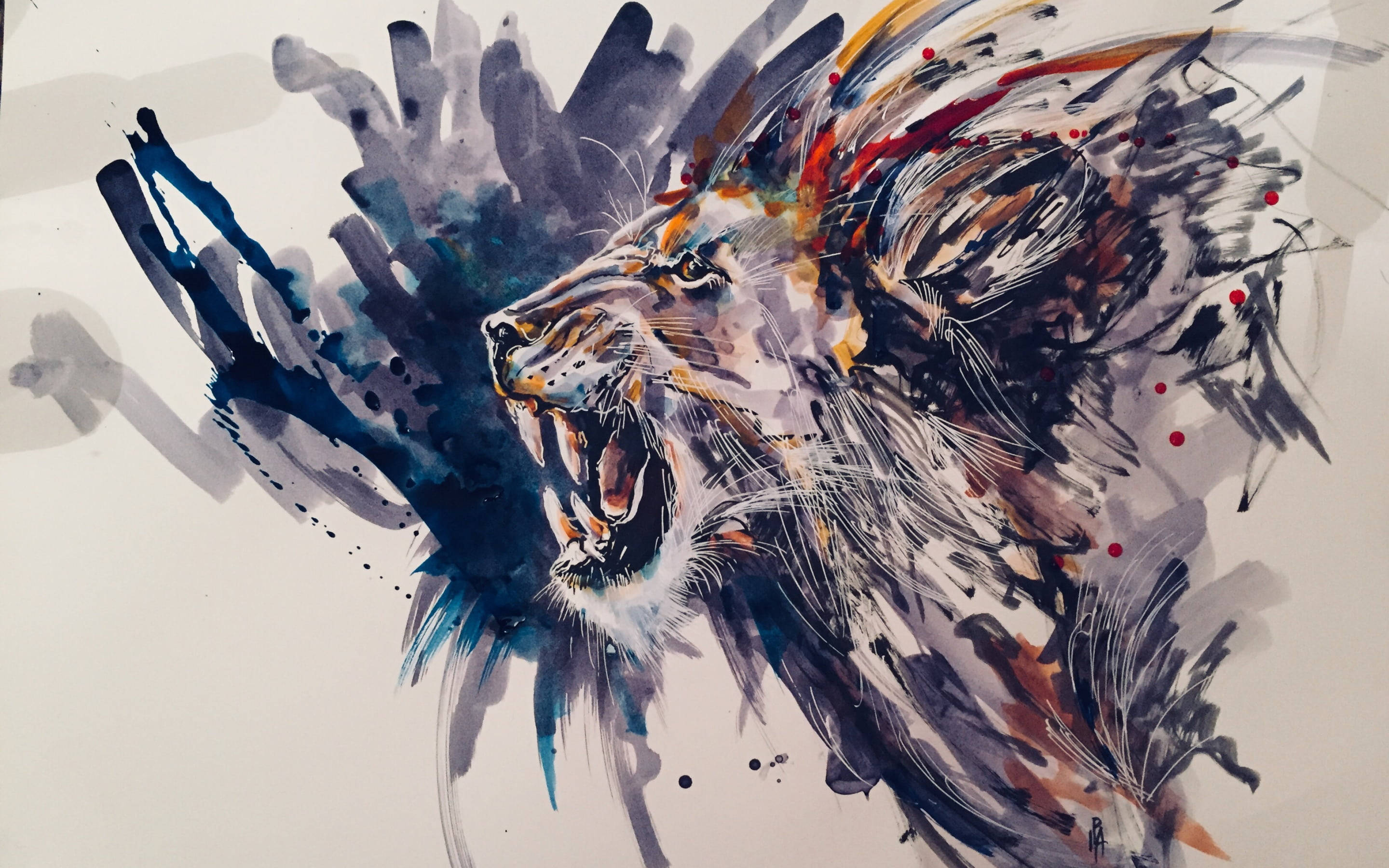 artistic lion laptop, roaring lion, watercolor, 2K Desktop Wallpaper