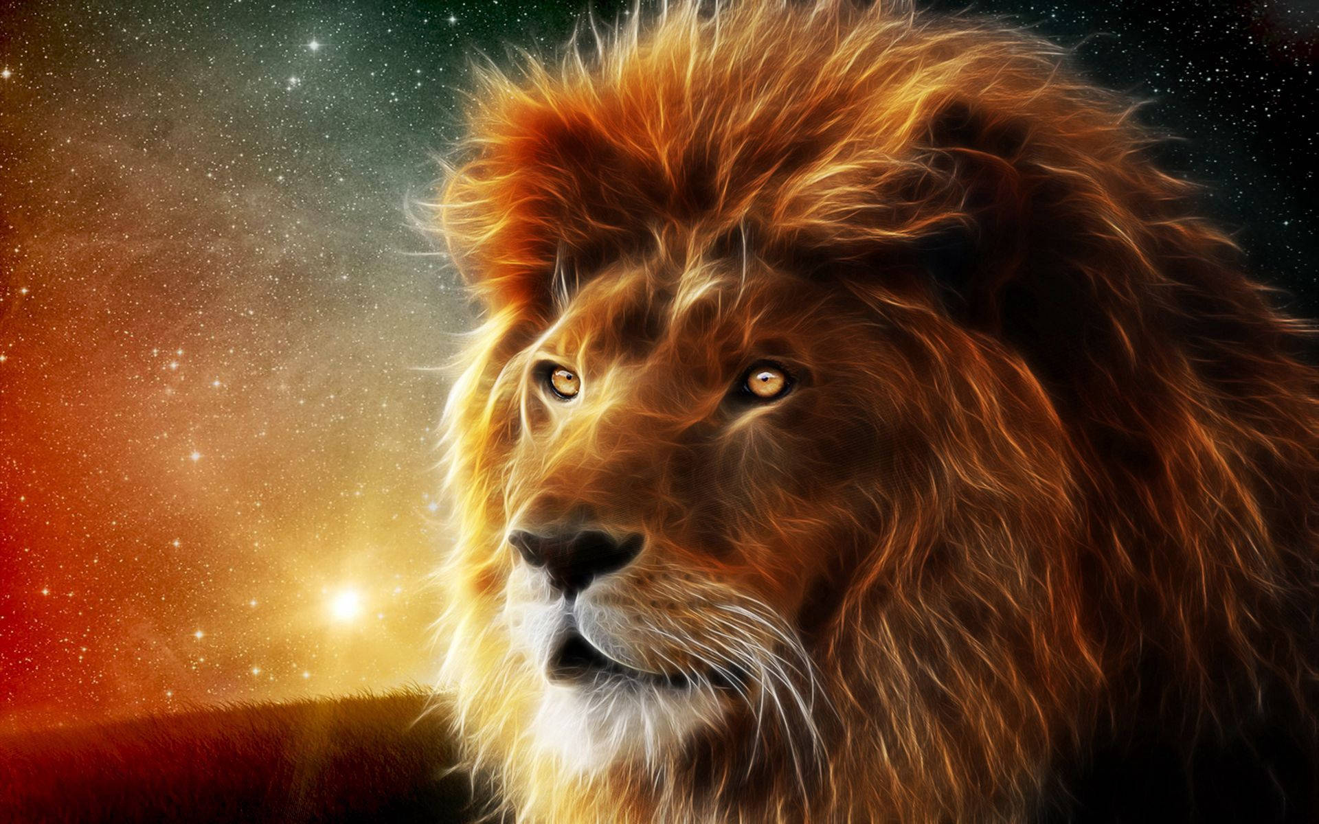 Lion King, glowing amber eyes, cosmic backdrop, Full HD Desktop Wallpaper