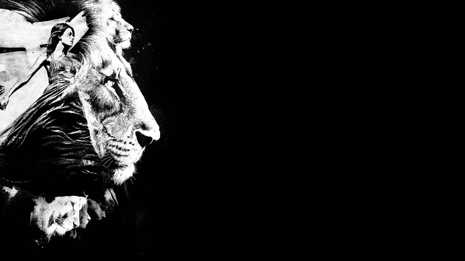 lion, black and white illustration, woman and lion, HD Desktop Wallpaper