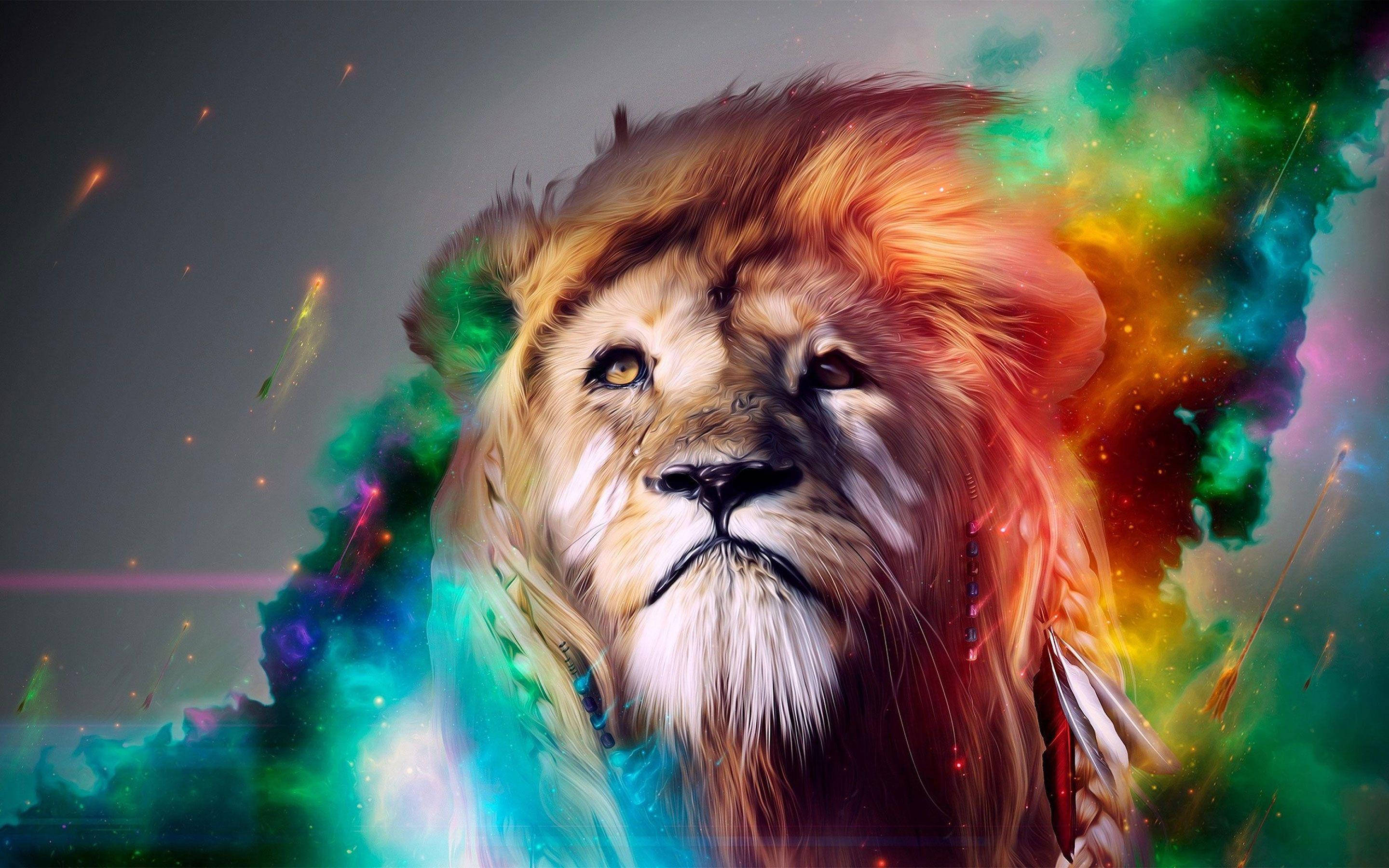lion, cosmic nebula, glowing particles, 2K Desktop Wallpaper