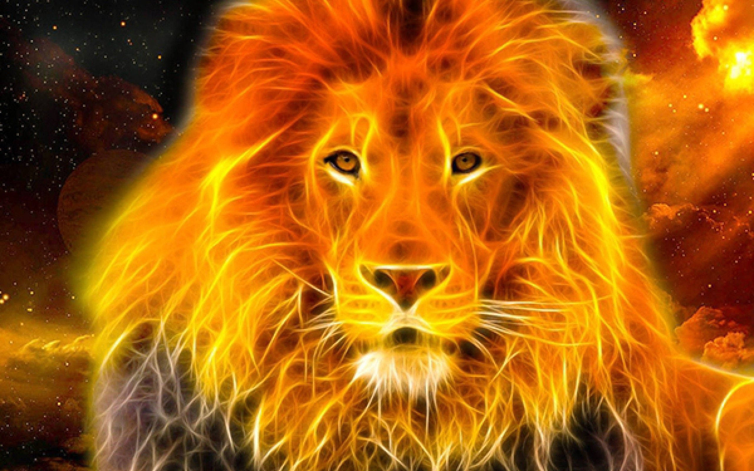 Fire Lion, black orange sky, fiery orange and yellow energy, 2K Desktop Wallpaper