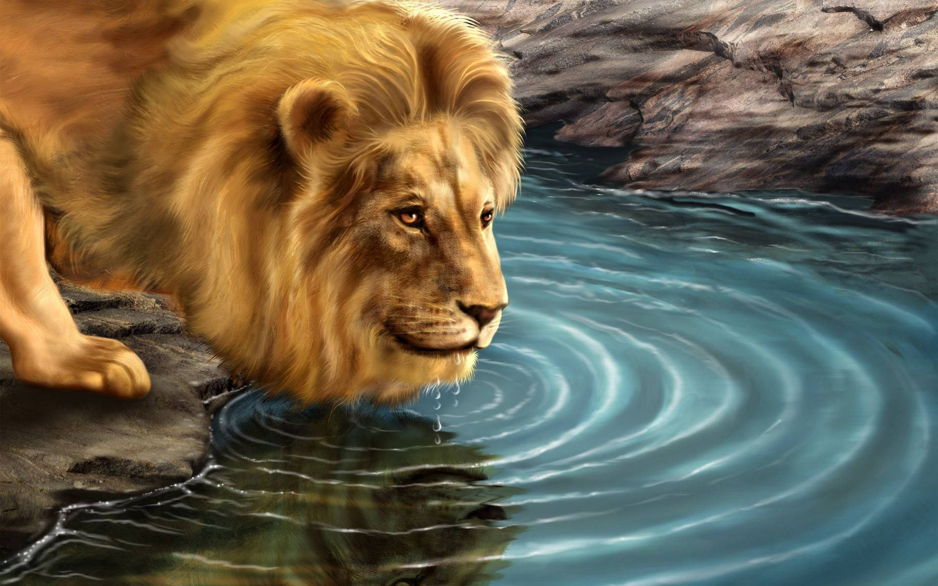 3d lion, golden mane, rippling blue pool, Full HD Desktop Wallpaper