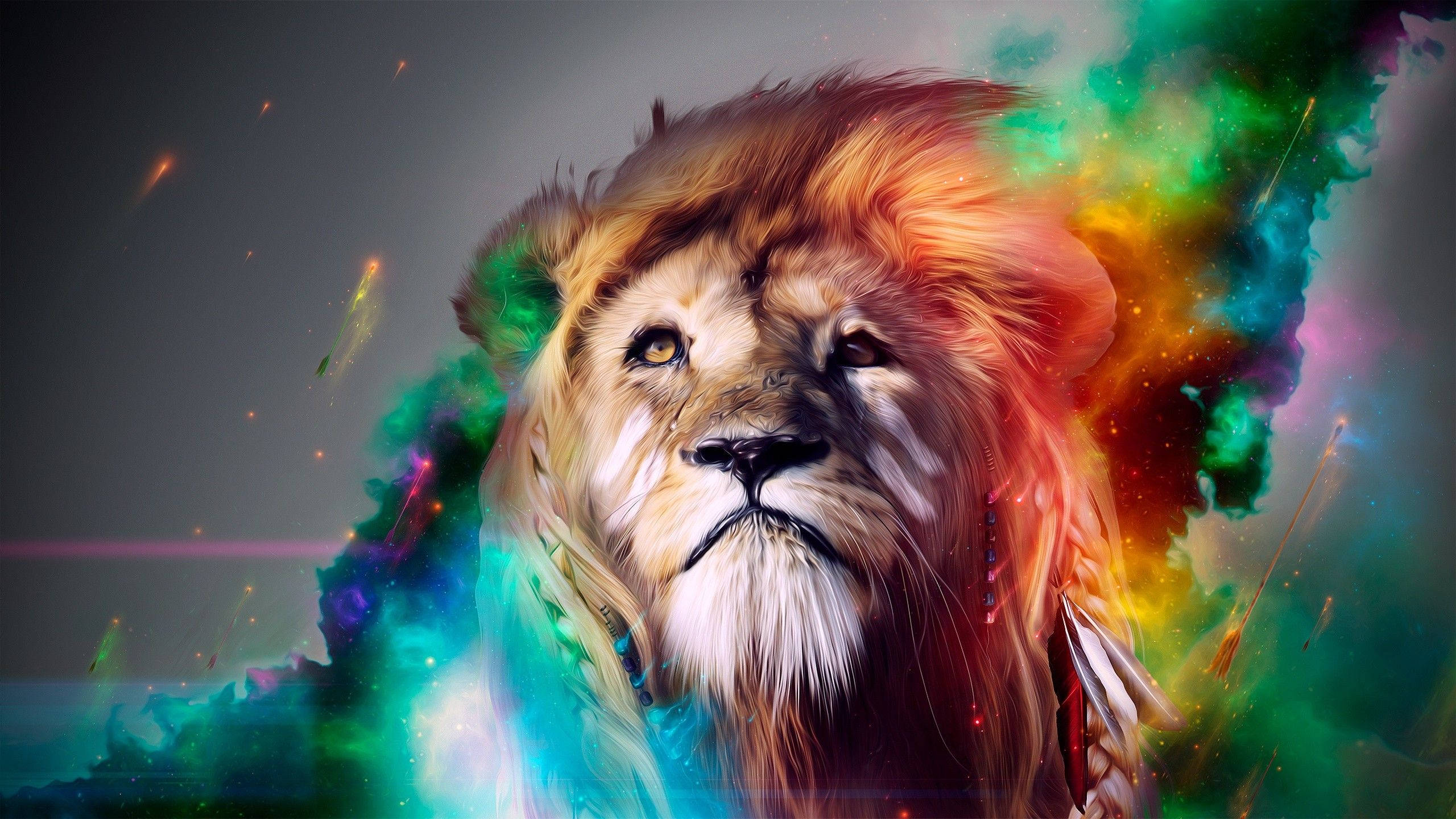 lion, colorful smoke, cosmic nebula, 2K Desktop Wallpaper